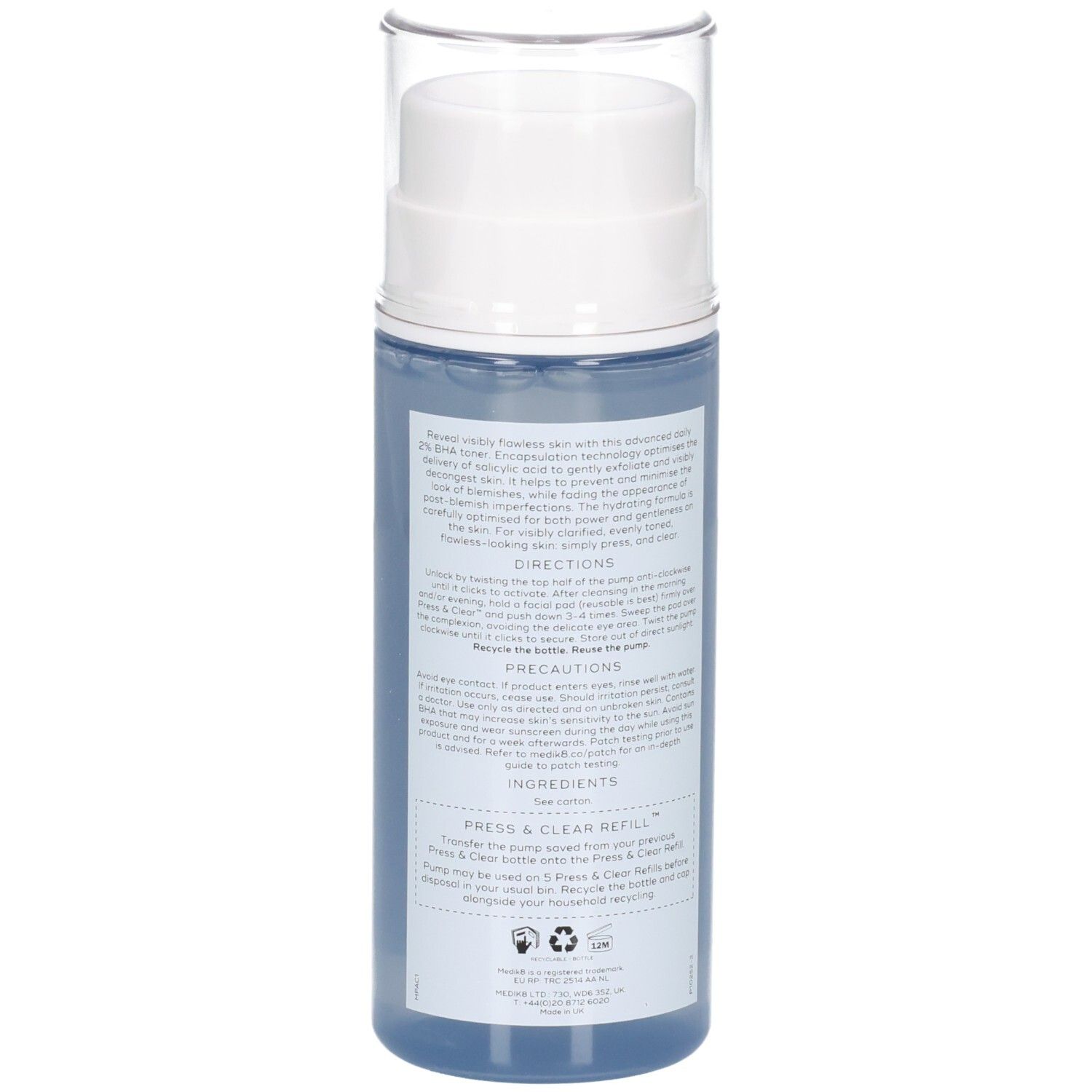 Rückseite der Medik8 Press & Clear 150ml Flasche mit Inhaltsstoffen und Vorsichtsmaßnahmen.
