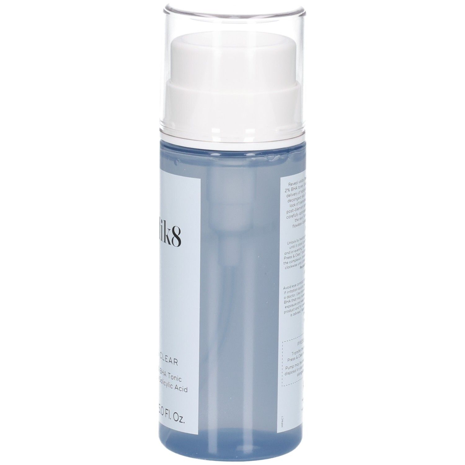 Medik8 Press & Clear 150ml Flasche, Seitenansicht mit Pumpspender und Klarsichtkappe.