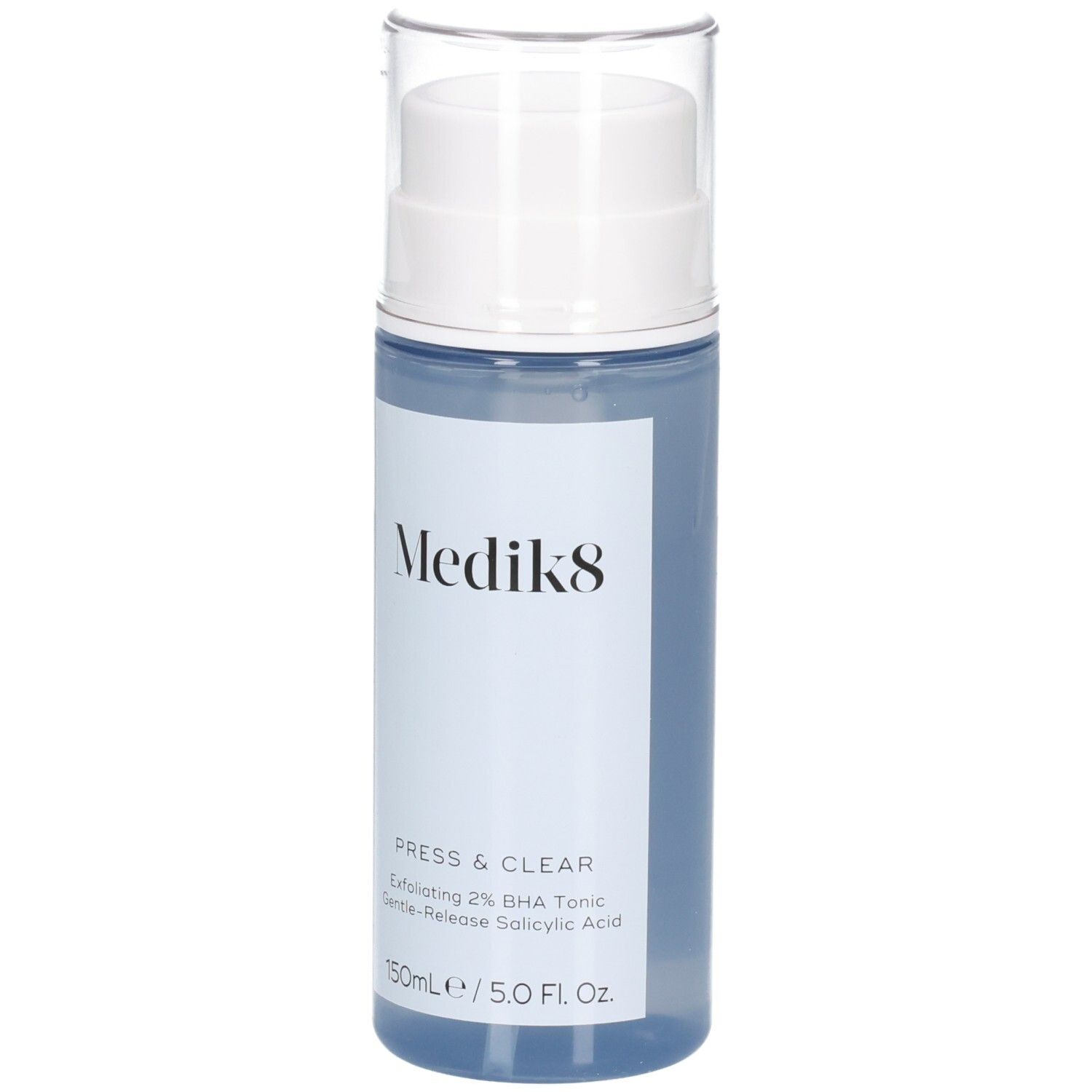 Medik8 Press & Clear 150ml Flasche mit Pumpspender und Klarsichtkappe, Frontalansicht.
