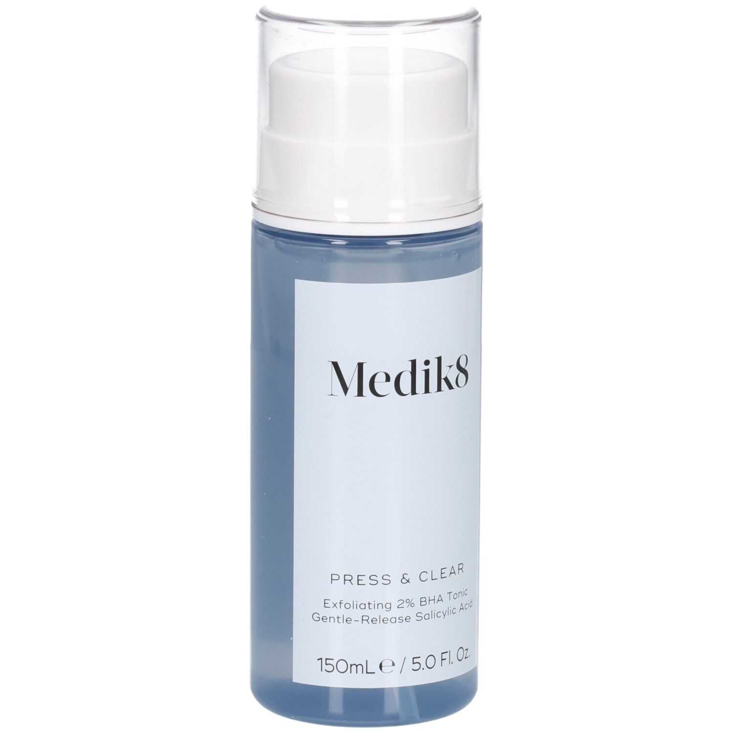 Medik8 Press & Clear 150ml Flasche, Frontalansicht mit Pumpspender und Klarsichtkappe.