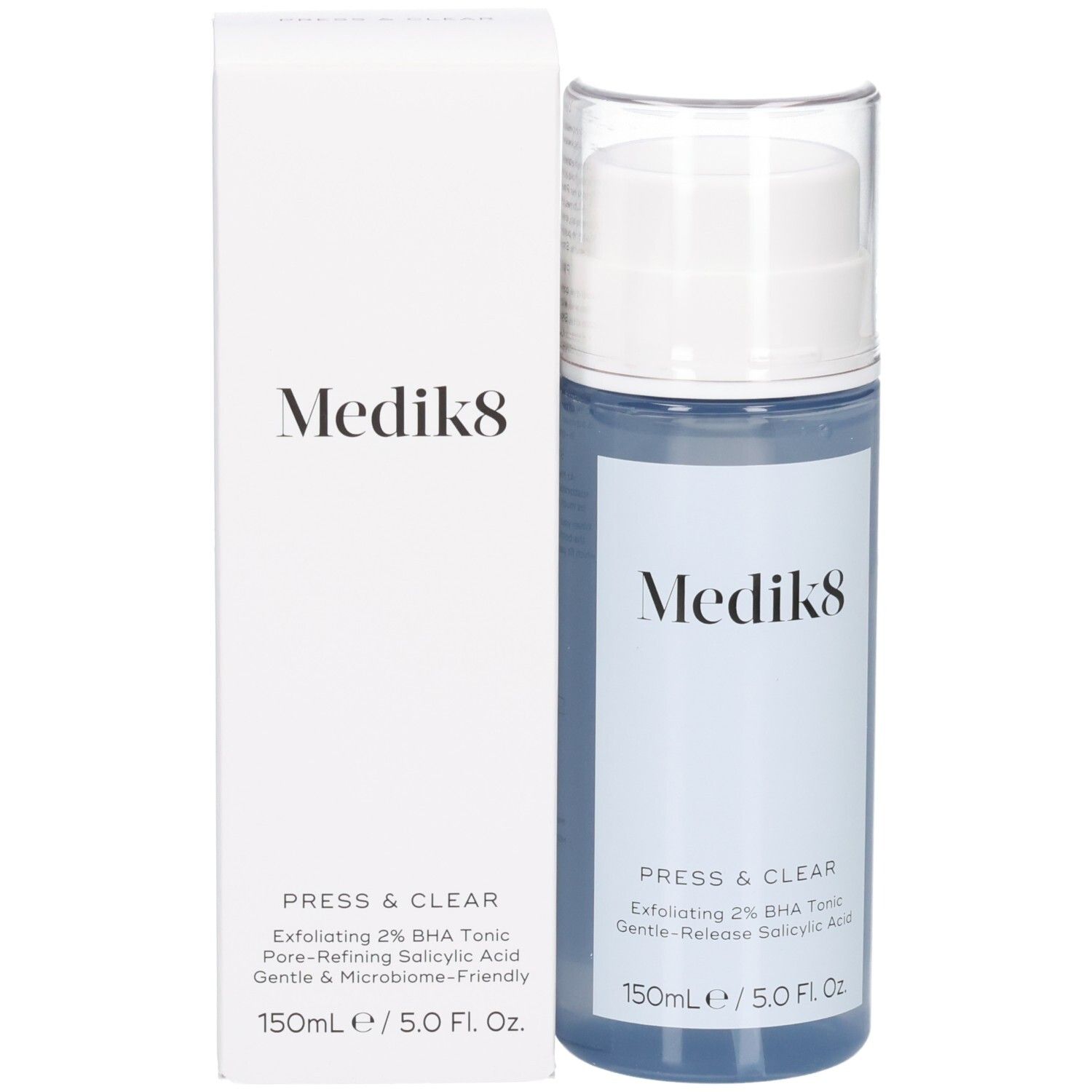 Medik8 Press & Clear 150ml Flasche und Verpackungsbox, beide mit Produktinformationen.