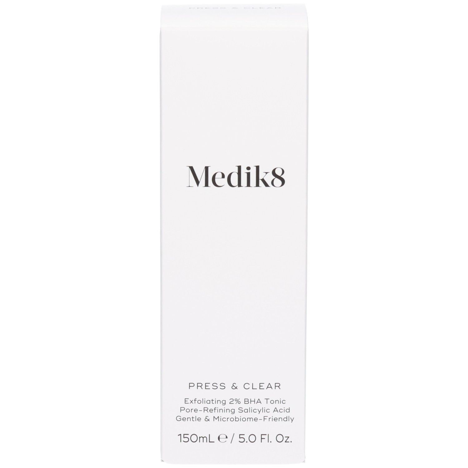 Verpackungsbox für Medik8 Press & Clear 150ml mit detaillierten Produktinformationen.