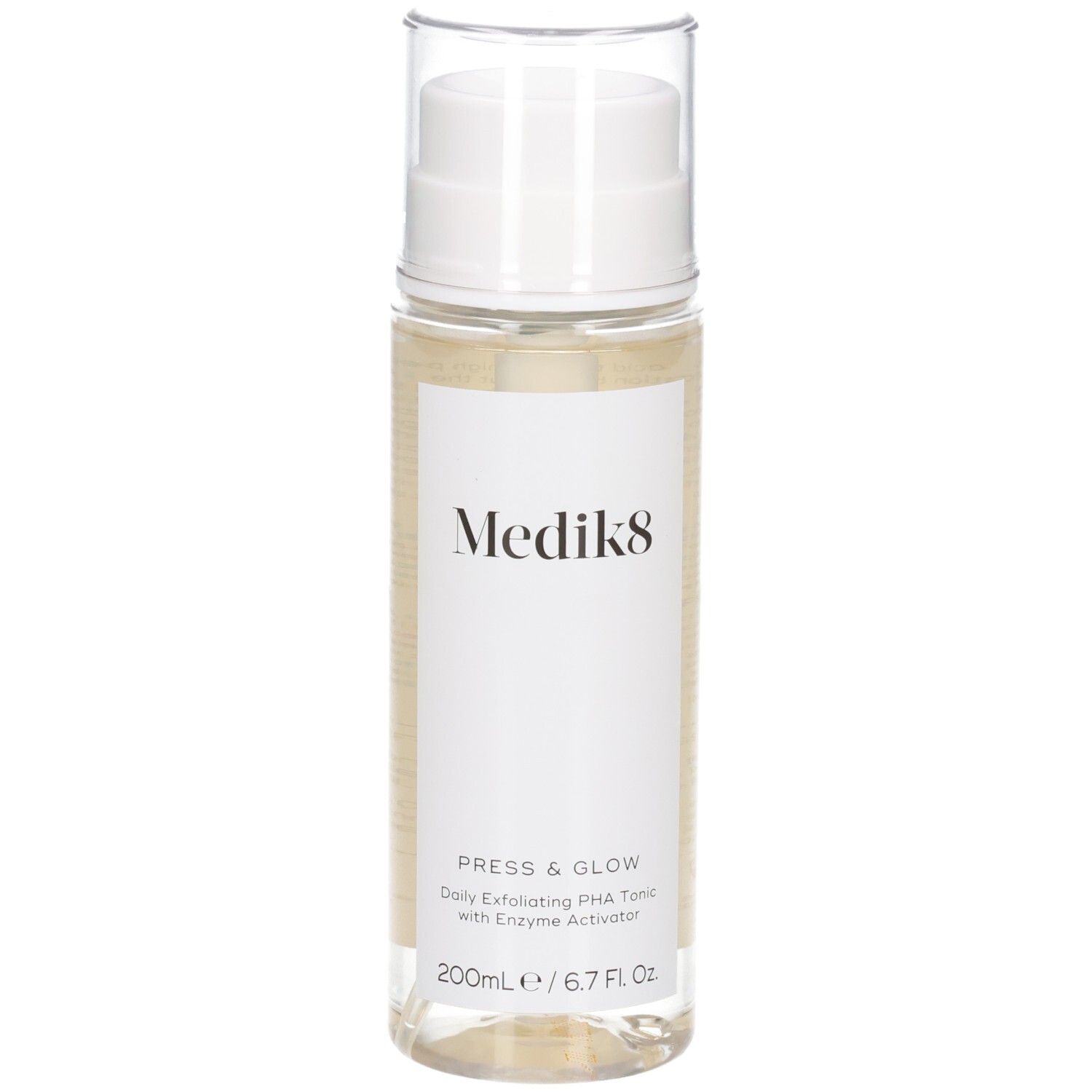 Medik8 Press & Glow Toner in klarer Flasche mit weißem Pumpspender. Enthält 200ml.
