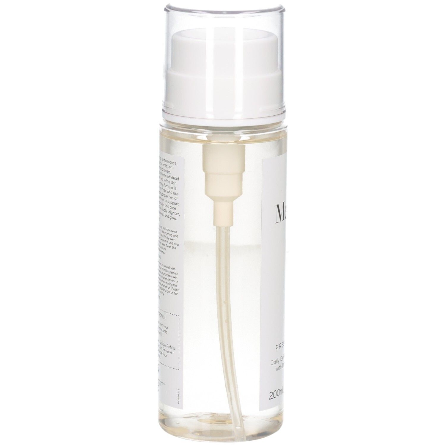 Rückseite des Medik8 Press & Glow Toners mit detaillierter Produktinformation und Pumpmechanismus.