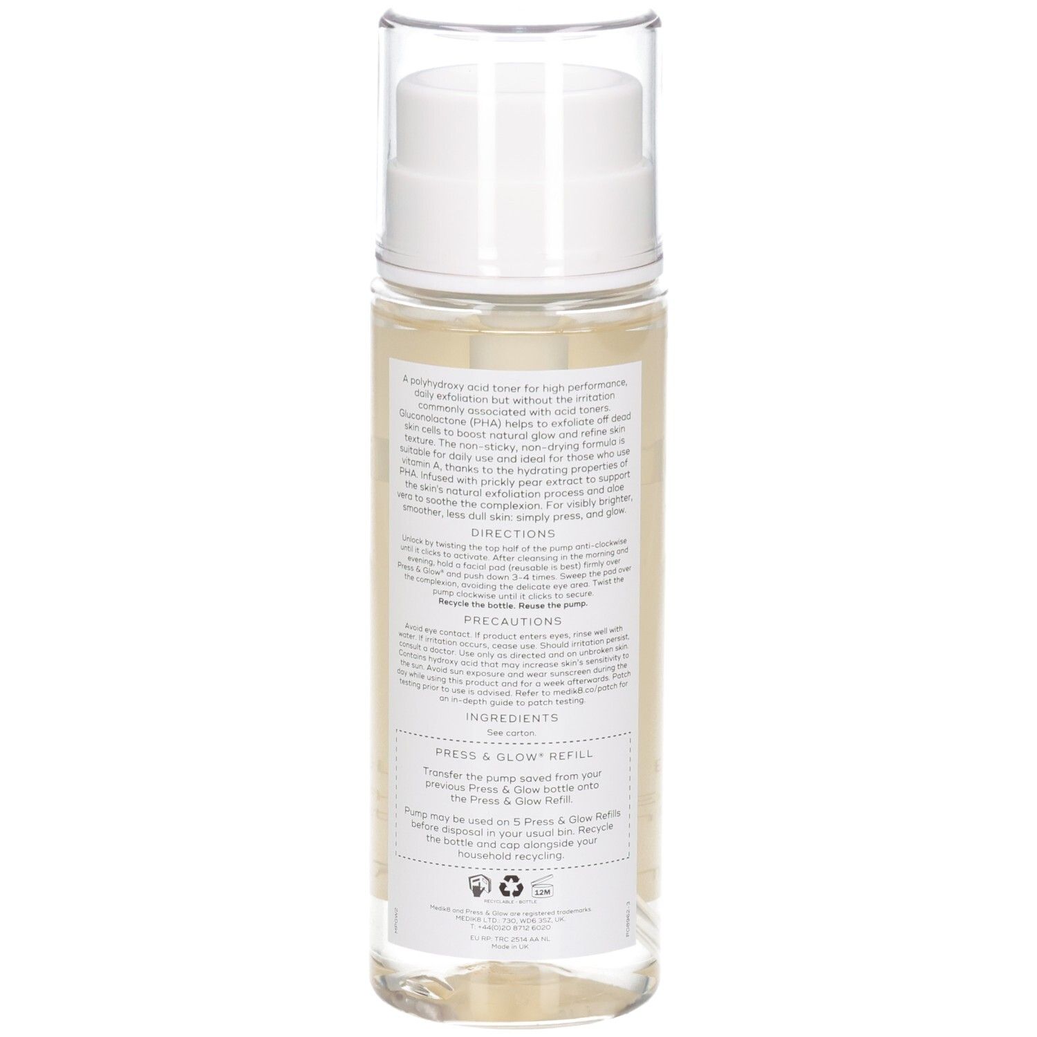Rückseite des Medik8 Press & Glow Toners mit Inhaltsstoffen, Anwendungshinweisen und Warnhinweisen.