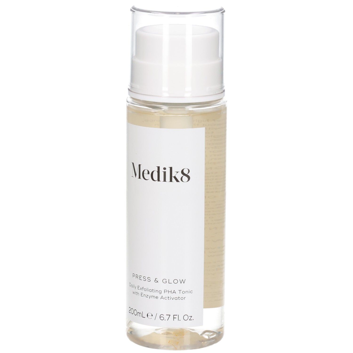 Medik8 Press & Glow Toner in klarer Flasche mit weißem Pumpspender, Vorderansicht. Enthält 200ml.