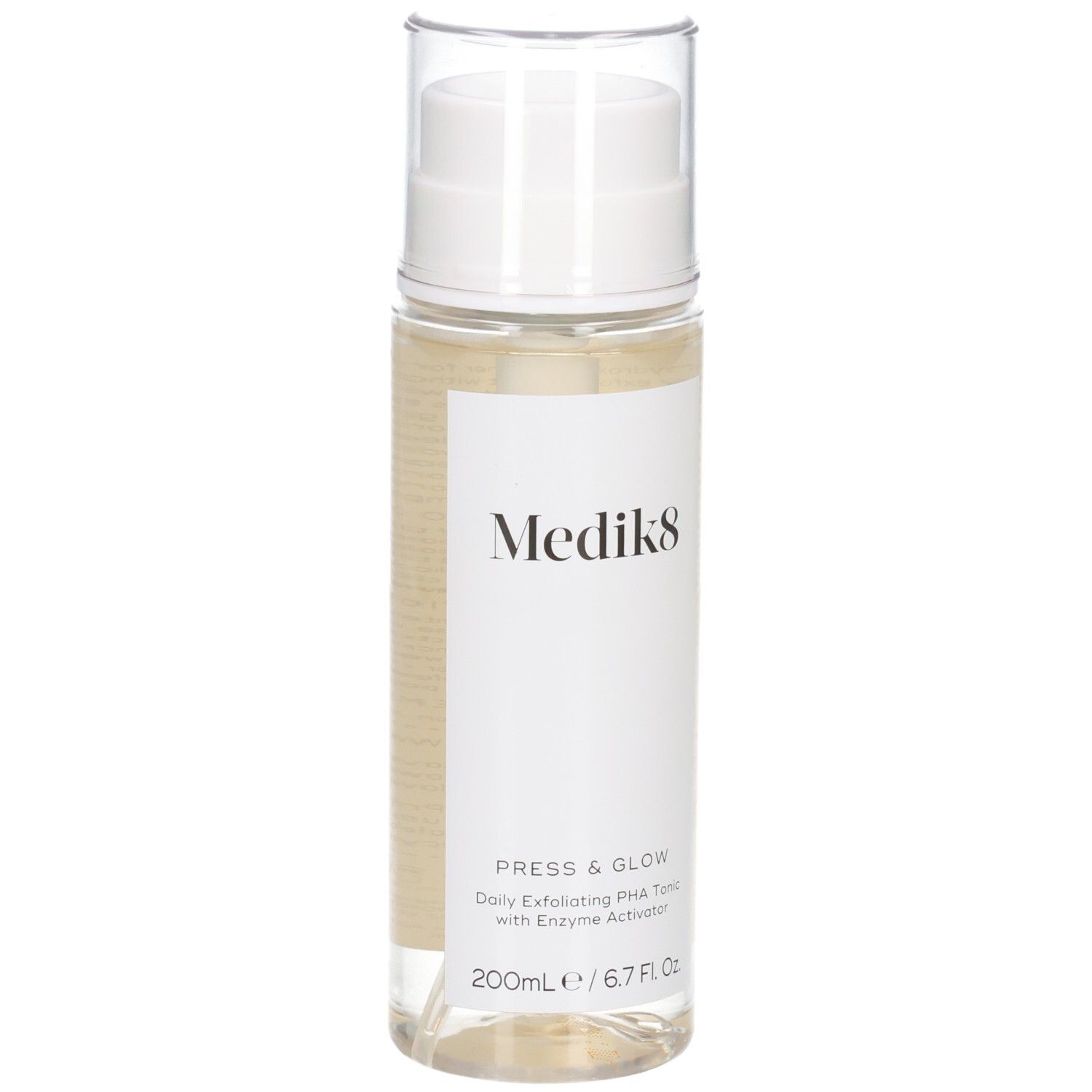 Medik8 Press & Glow Toner in klarer Flasche mit weißem Pumpspender, Vorderansicht. Enthält 200ml.