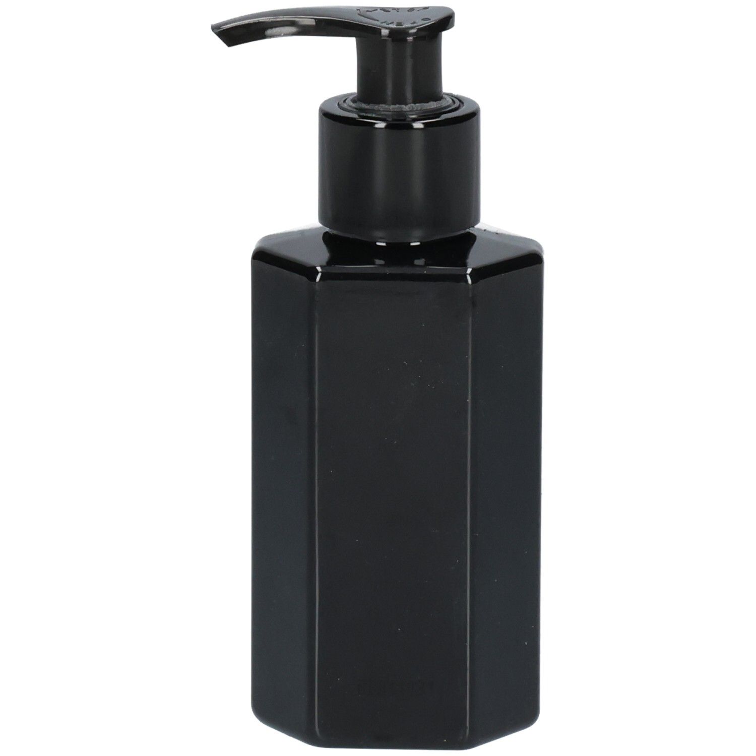 Schwarze, achteckige Flasche mit schwarzem Pumpkopf.