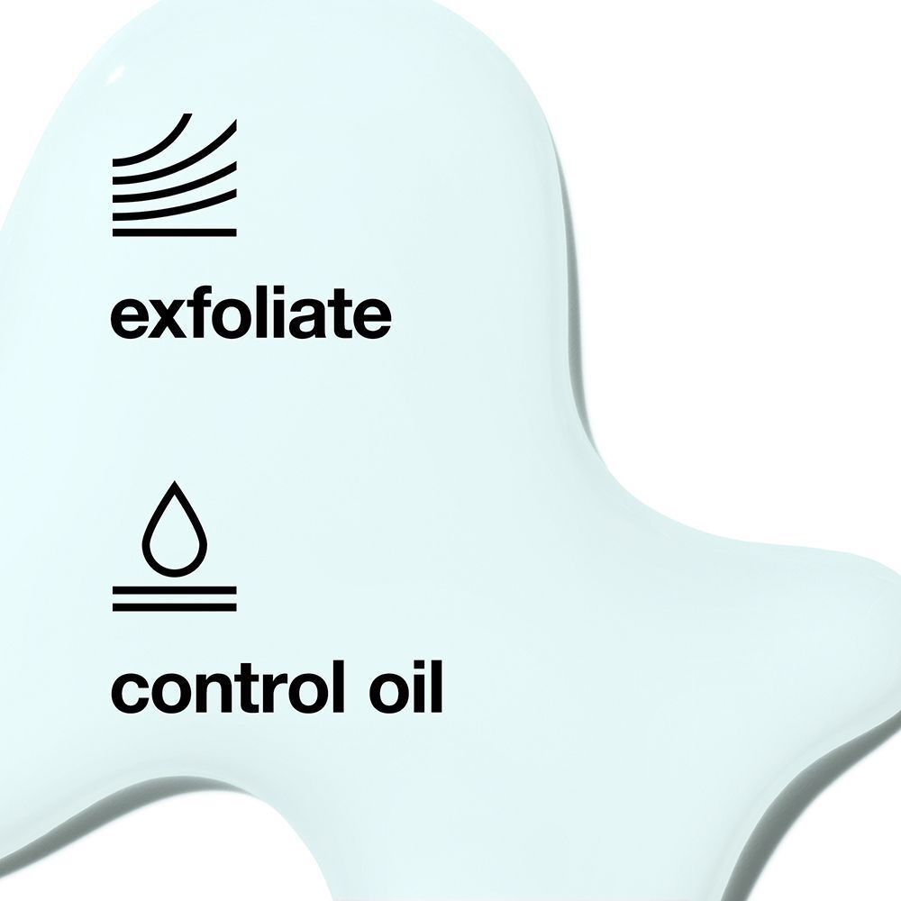 Nahaufnahme einer türkisfarbenen Oberfläche mit Text und Symbolen. Text: exfoliate, control oil.