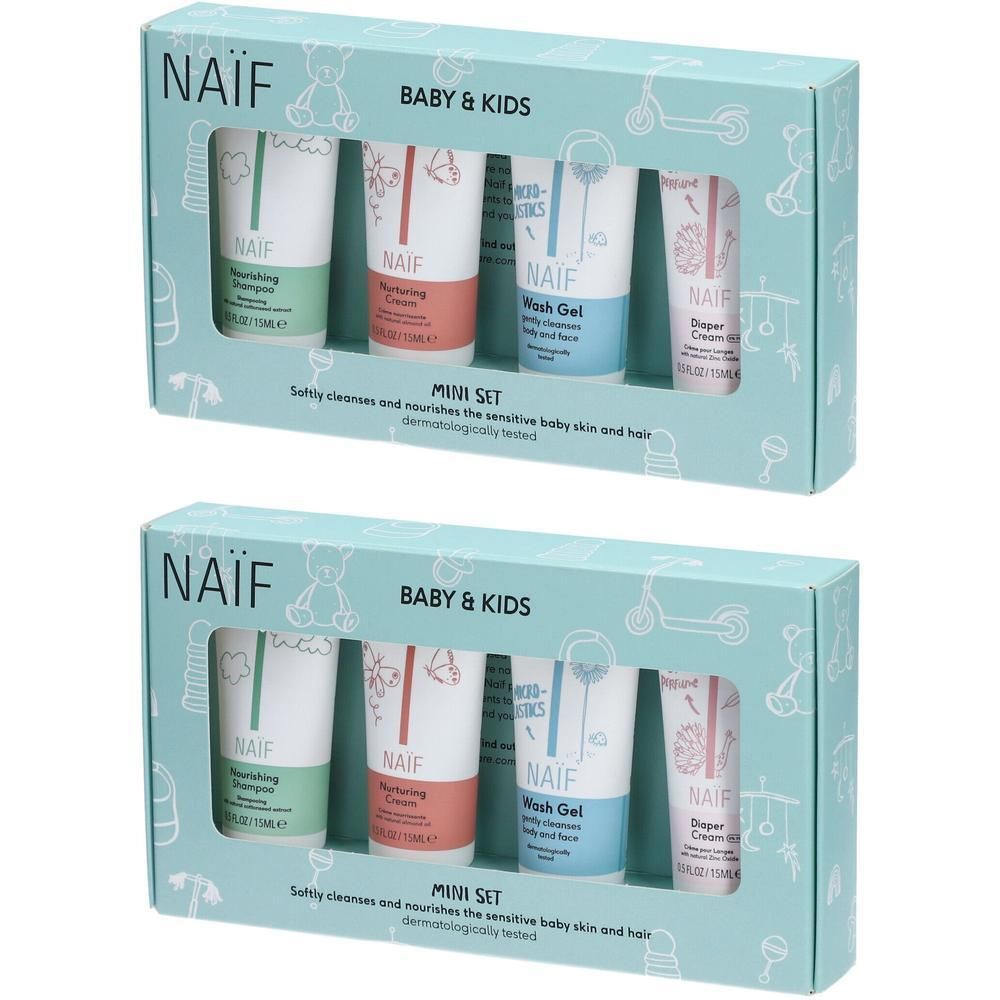 NAÏF Baby- und Kinder-Miniset mit vier Pflegeprodukten in Tuben: Nourishing Cream, Wash Gel und Diaper Cream.