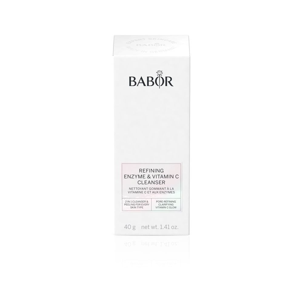 Weiße Verpackung mit BABOR-Logo und Text: Refining Enzyme & Vitamin C Cleanser. 40g, net wt. 1.41 oz.