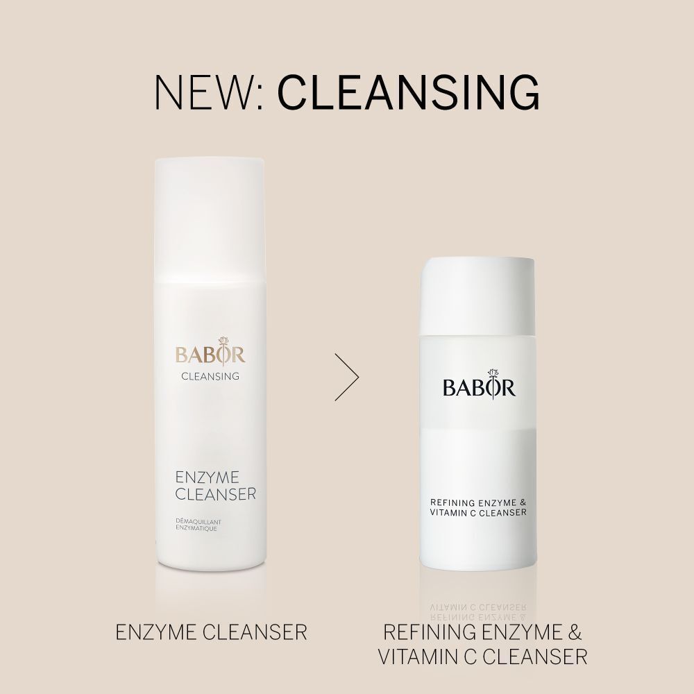 Vergleich von zwei Flaschen: Enzyme Cleanser und Refining Enzyme & Vitamin C Cleanser. Text: NEW: CLEANSING.