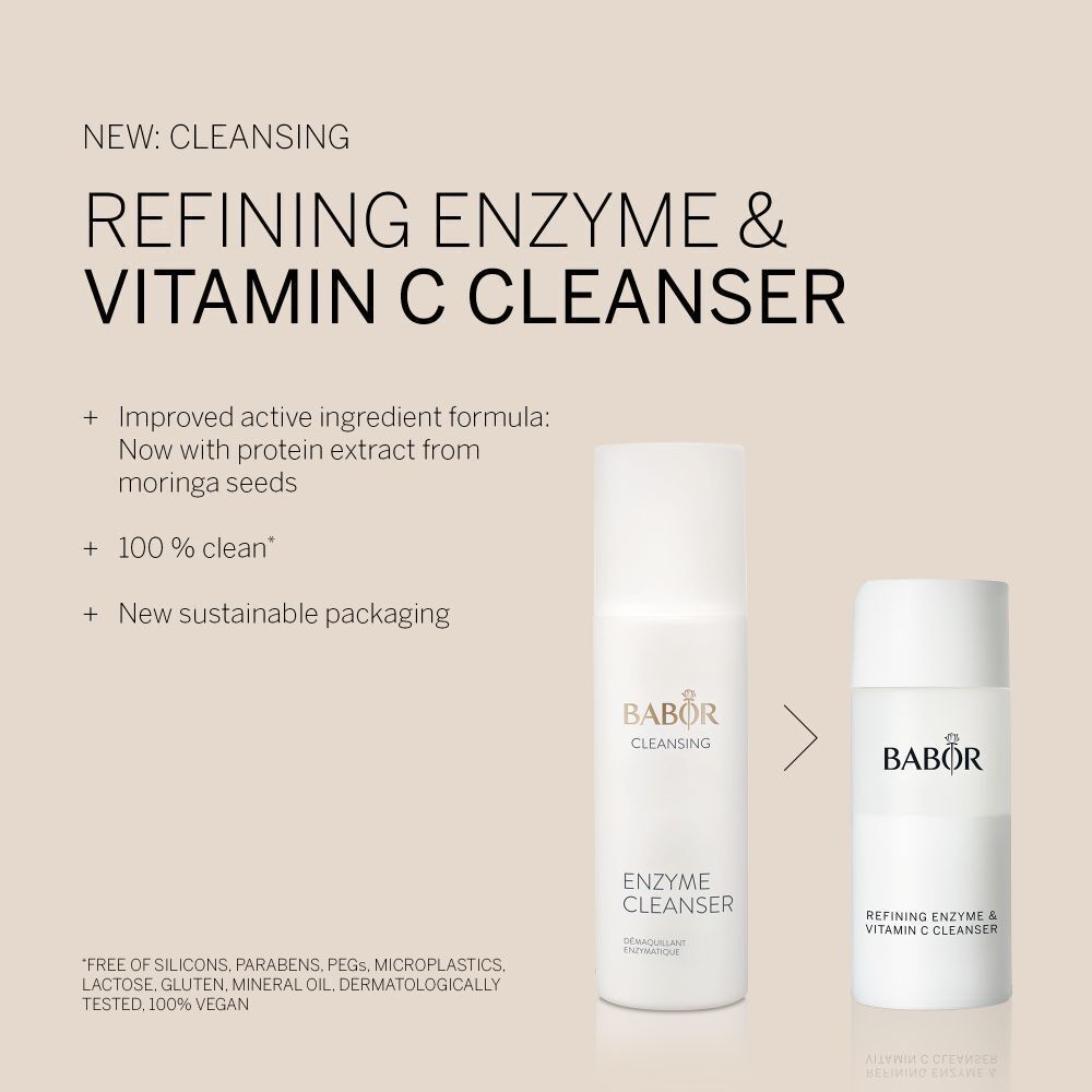 Vergleich von zwei Flaschen: Enzyme Cleanser und Refining Enzyme & Vitamin C Cleanser. Text: NEW: CLEANSING.