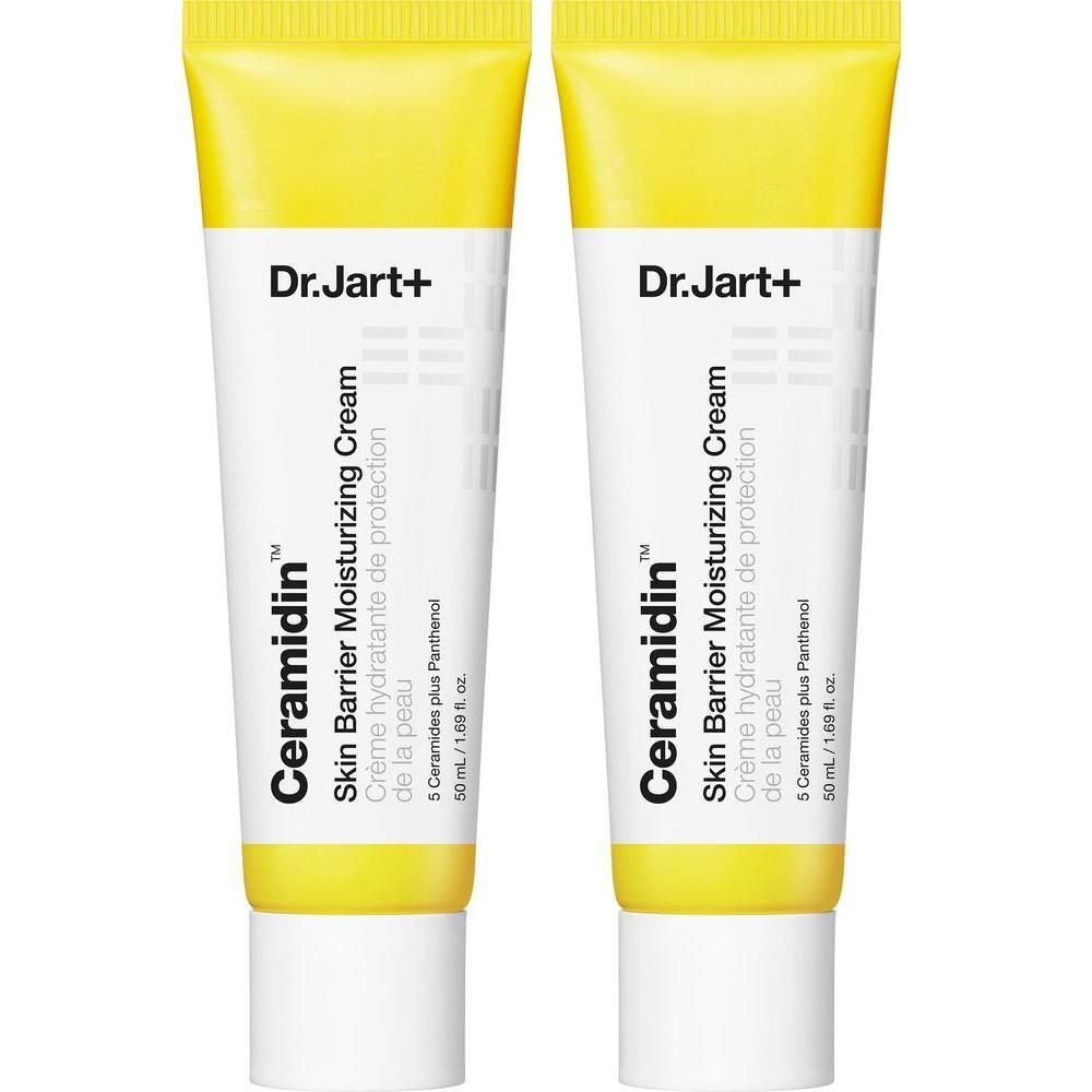 Zwei Tuben Dr.Jart+ Ceramidin Skin Barrier Moisturizing Cream. Gelbe Tuben mit weißem Deckel. Text auf Englisch und Französisch.