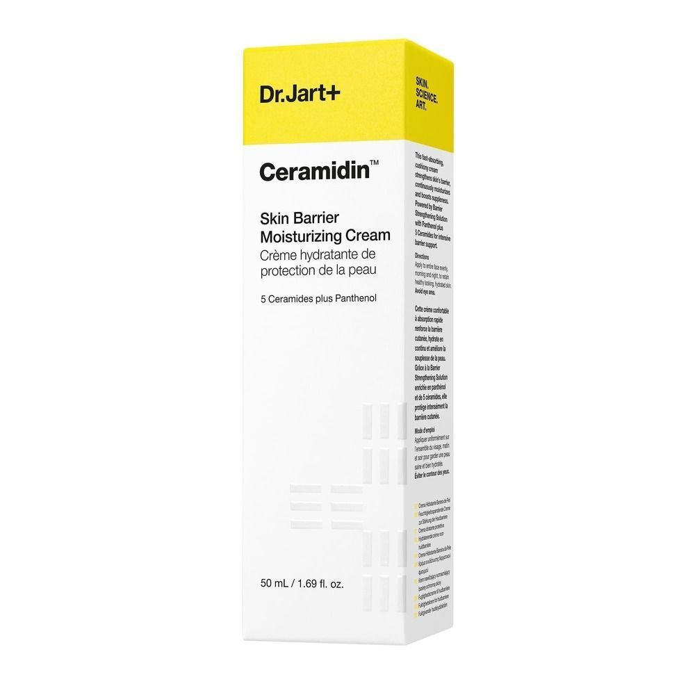 Verpackung von Dr.Jart+ Ceramidin Skin Barrier Moisturizing Cream. Weiße Schachtel mit gelbem Deckel. Text auf Englisch und Französisch.