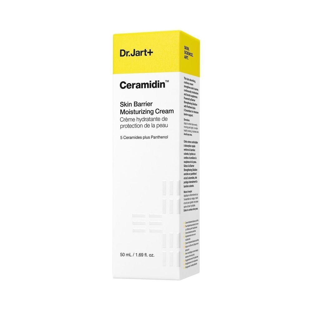 Verpackung von Dr.Jart+ Ceramidin Skin Barrier Moisturizing Cream. Weiße Schachtel mit gelbem Deckel. Text auf Englisch und Französisch.