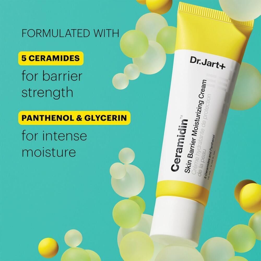 Tube Dr.Jart+ Ceramidin Skin Barrier Moisturizing Cream mit Text: 5 Ceramide, Panthenol & Glycerin. Hintergrund mit Elementen.