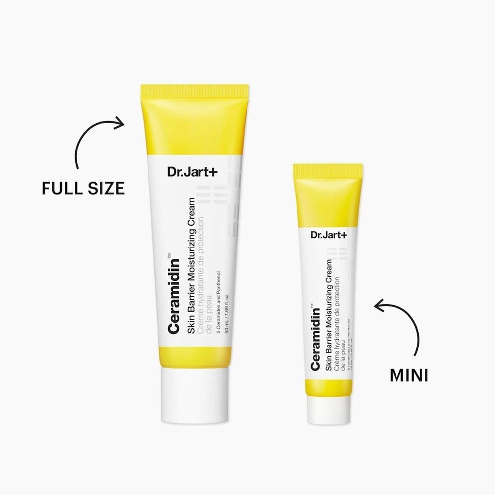 Zwei Tuben Dr.Jart+ Ceramidin Skin Barrier Moisturizing Cream: Vollgröße und Mini-Größe.