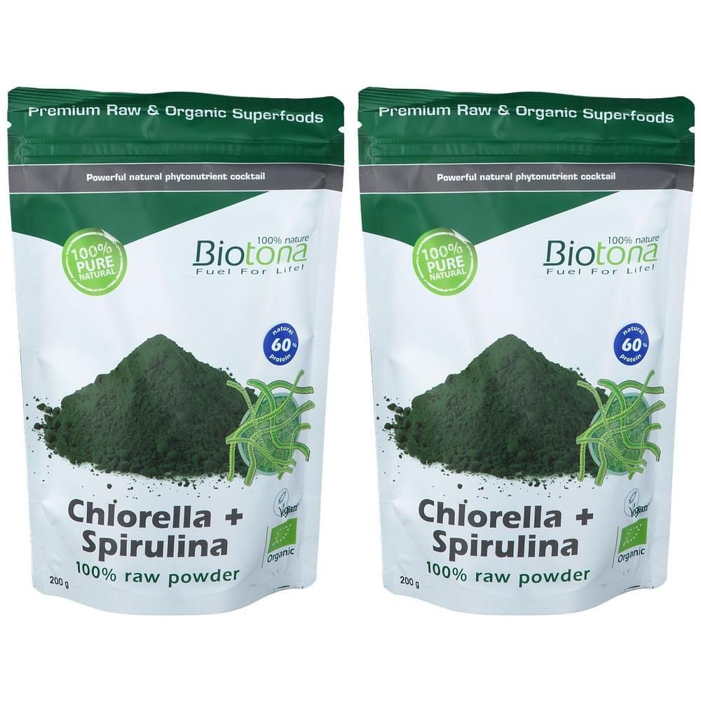Zwei Biotona Bio Chlorella + Spirulina 100% rohes Pulver Beutel, 250g. Premium Raw & Organic Superfoods.
