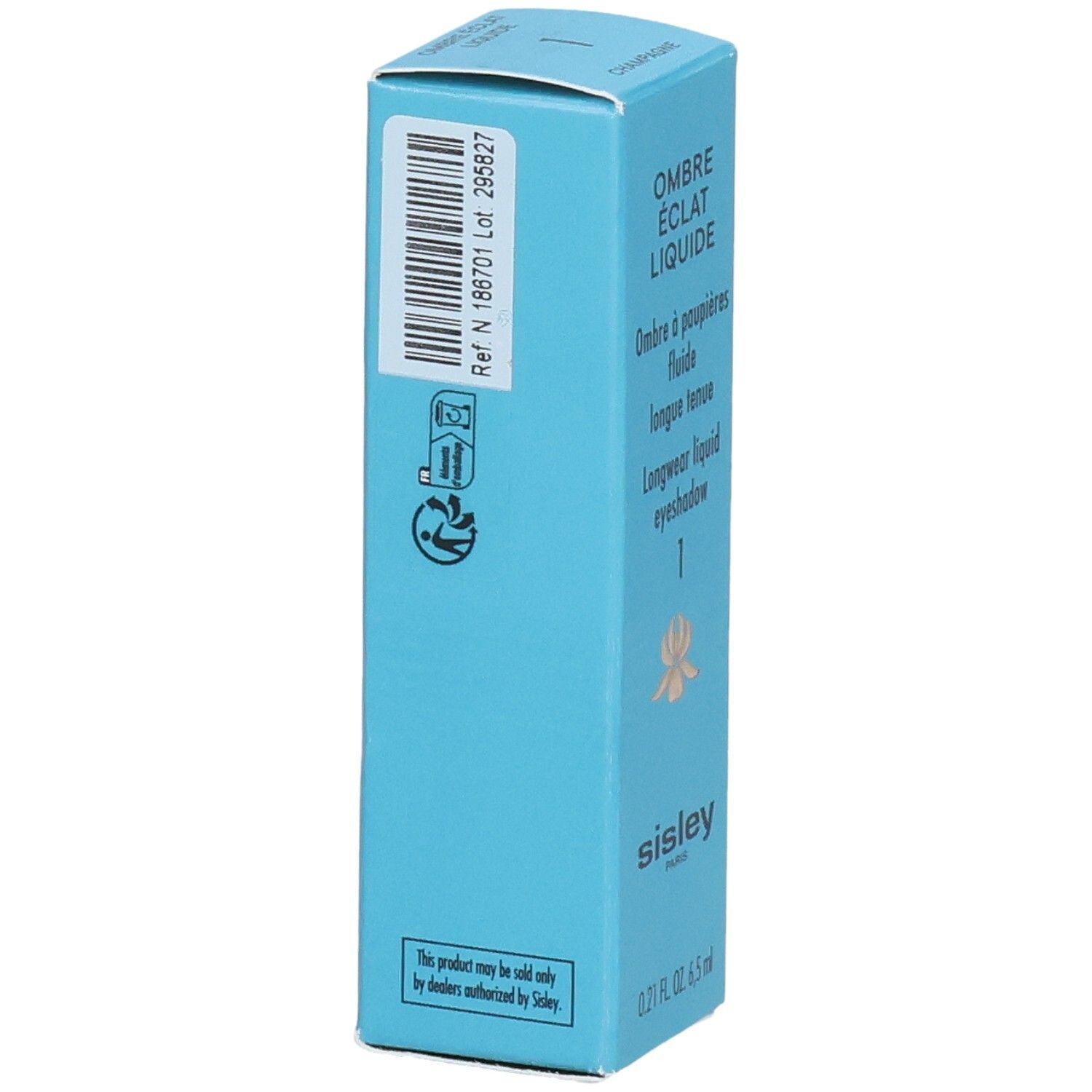 Sisley Ombre Éclat Liquide Longwear Liquid Eyeshadow, Farbe 1 Champagner, 6,5 ml, Rückseite mit Barcode und Hinweisen.