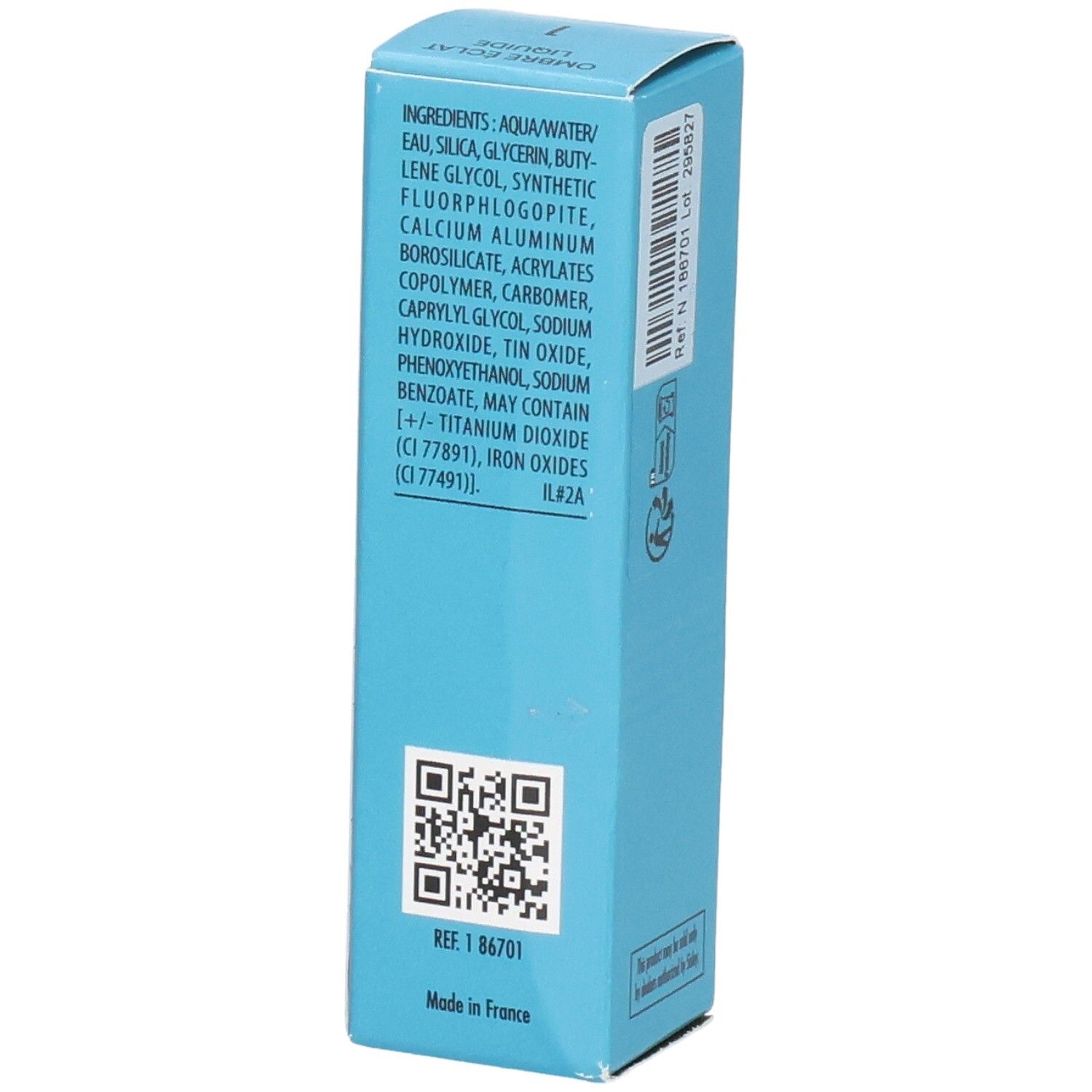Sisley Ombre Éclat Liquide Longwear Liquid Eyeshadow, Farbe 1 Champagner, 6,5 ml, Rückseite mit Inhaltsstoffen und QR-Code.
