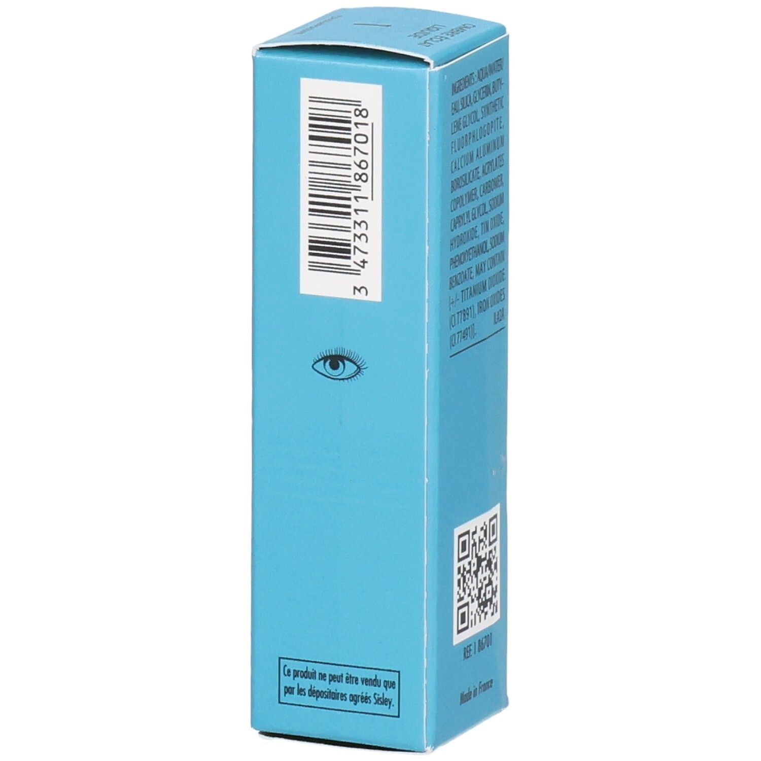 Sisley Ombre Éclat Liquide Longwear Liquid Eyeshadow, Farbe 1 Champagner, 6,5 ml, Seite mit Barcode und Augen-Symbol.