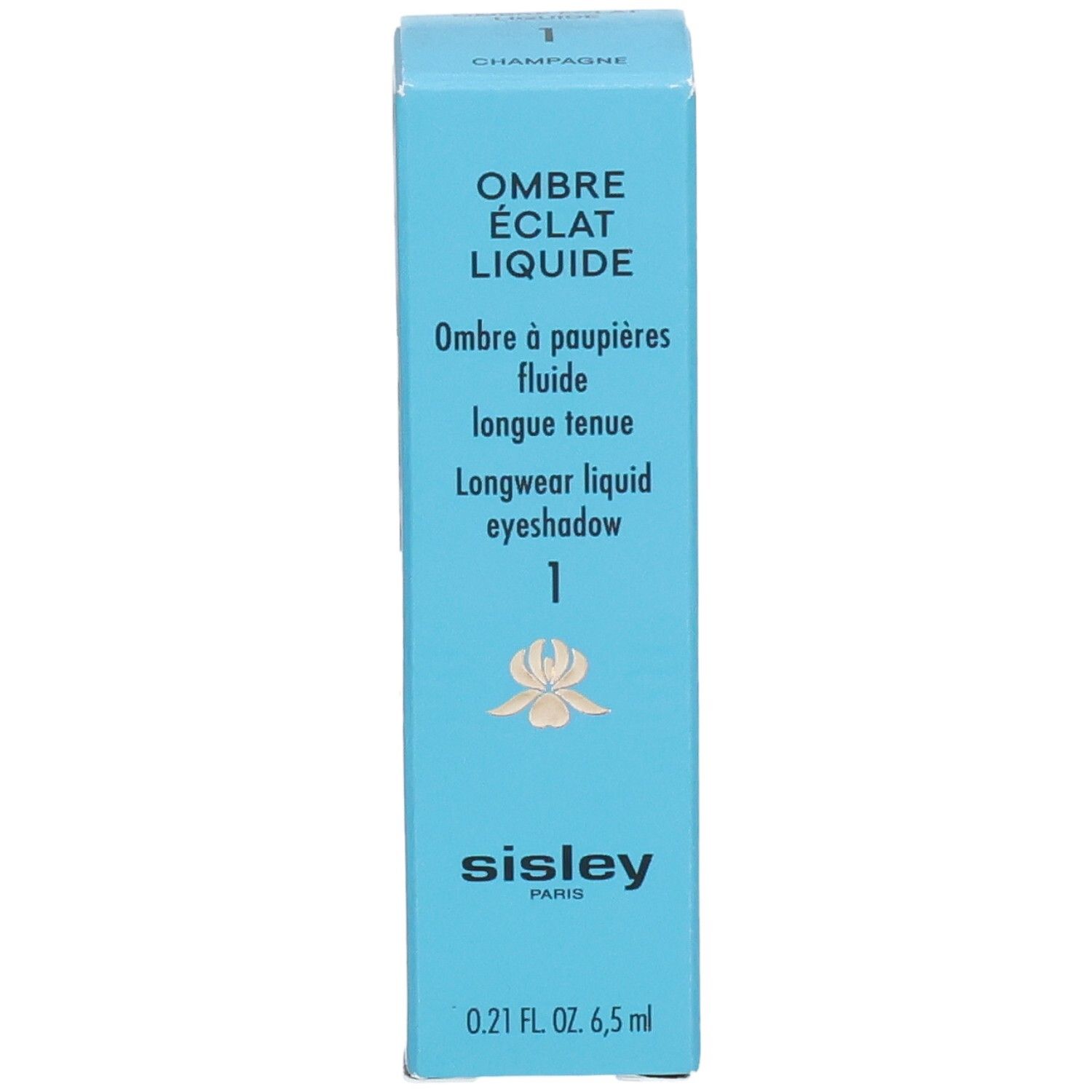 Sisley Ombre Éclat Liquide Longwear Liquid Eyeshadow, Farbe 1 Champagner, 6,5 ml, Vorderseite mit Produktnamen und Logo.