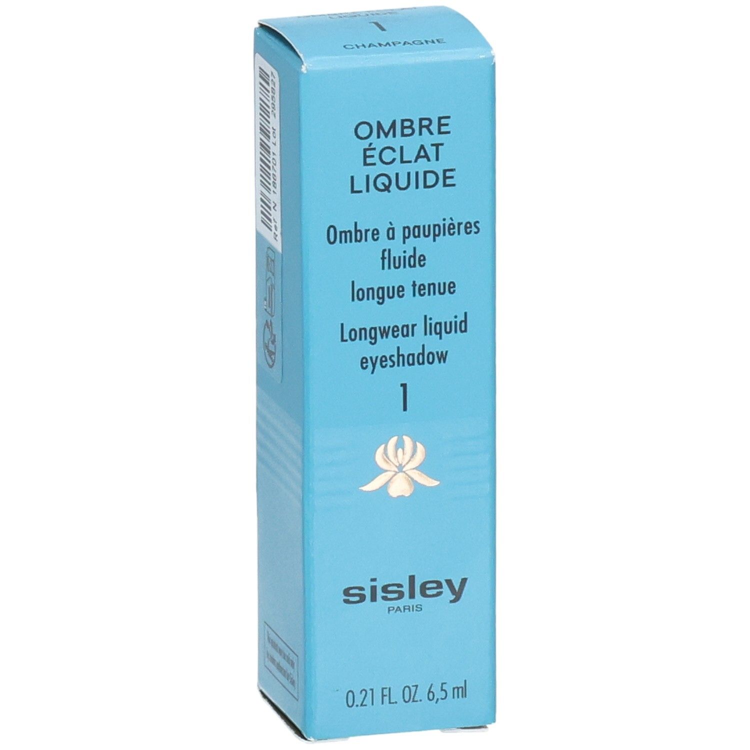 Sisley Ombre Éclat Liquide Longwear Liquid Eyeshadow, Farbe 1 Champagner, 6,5 ml, Vorderseite mit Produktnamen und Logo.