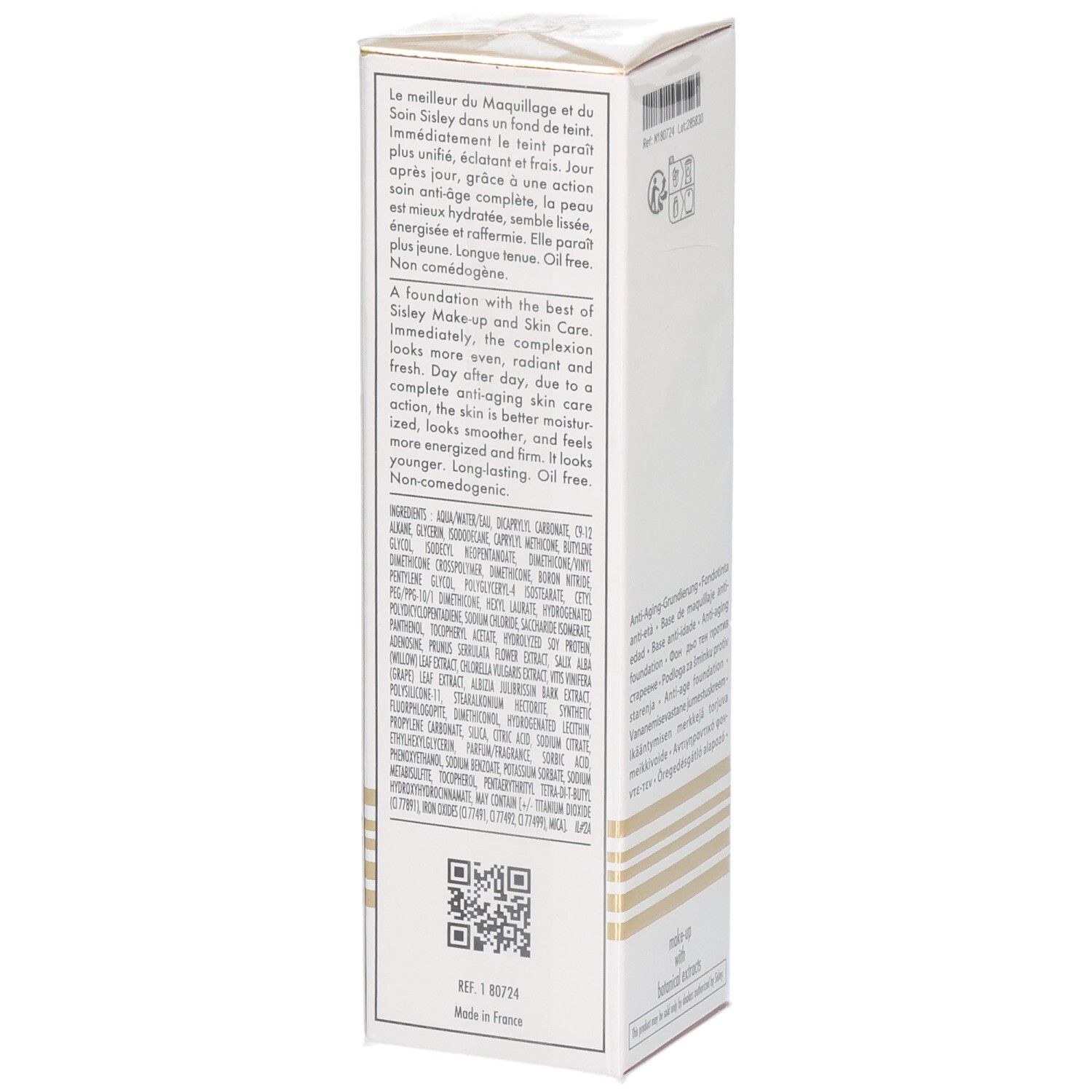 Sisley Sisleya Le Teint Foundation Karton, Seite mit Inhaltsstoffen und QR-Code, 1C Petal, 30ml.