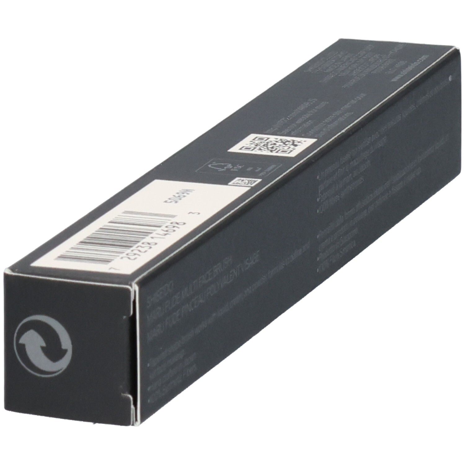 Schwarze Produktverpackung mit Barcode und Recycling-Symbol.