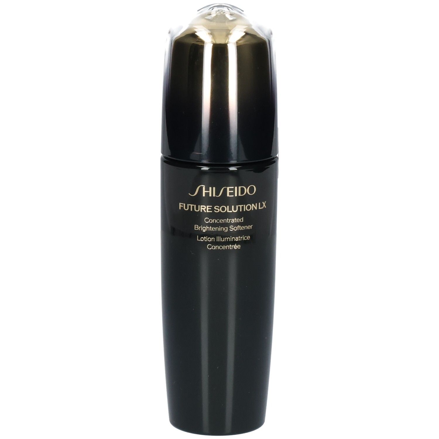 Shiseido Future Solution LX Brightening Softener Flakon, schwarz mit goldener Kappe.