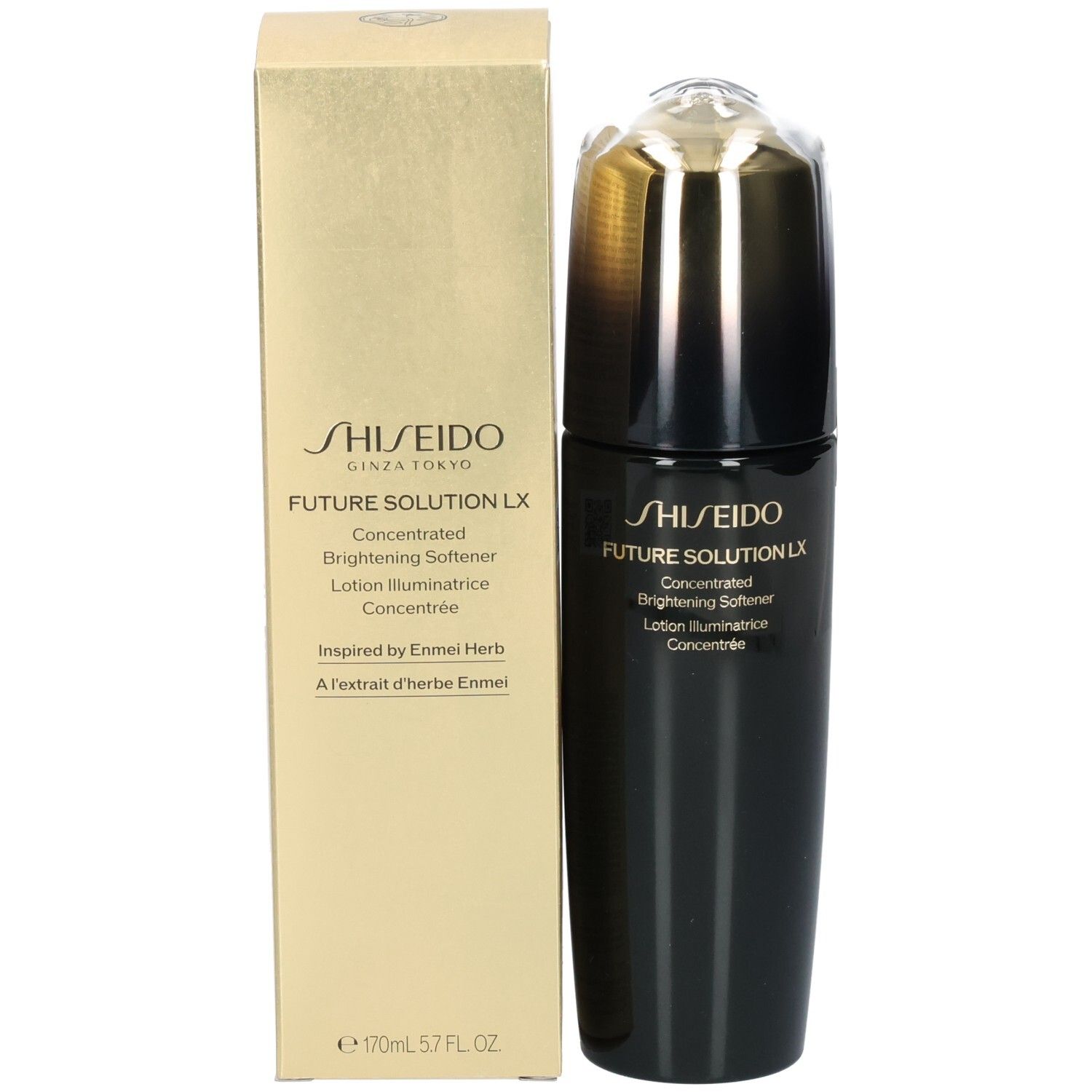 Shiseido Future Solution LX Brightening Softener Flakon und goldene Verpackung.