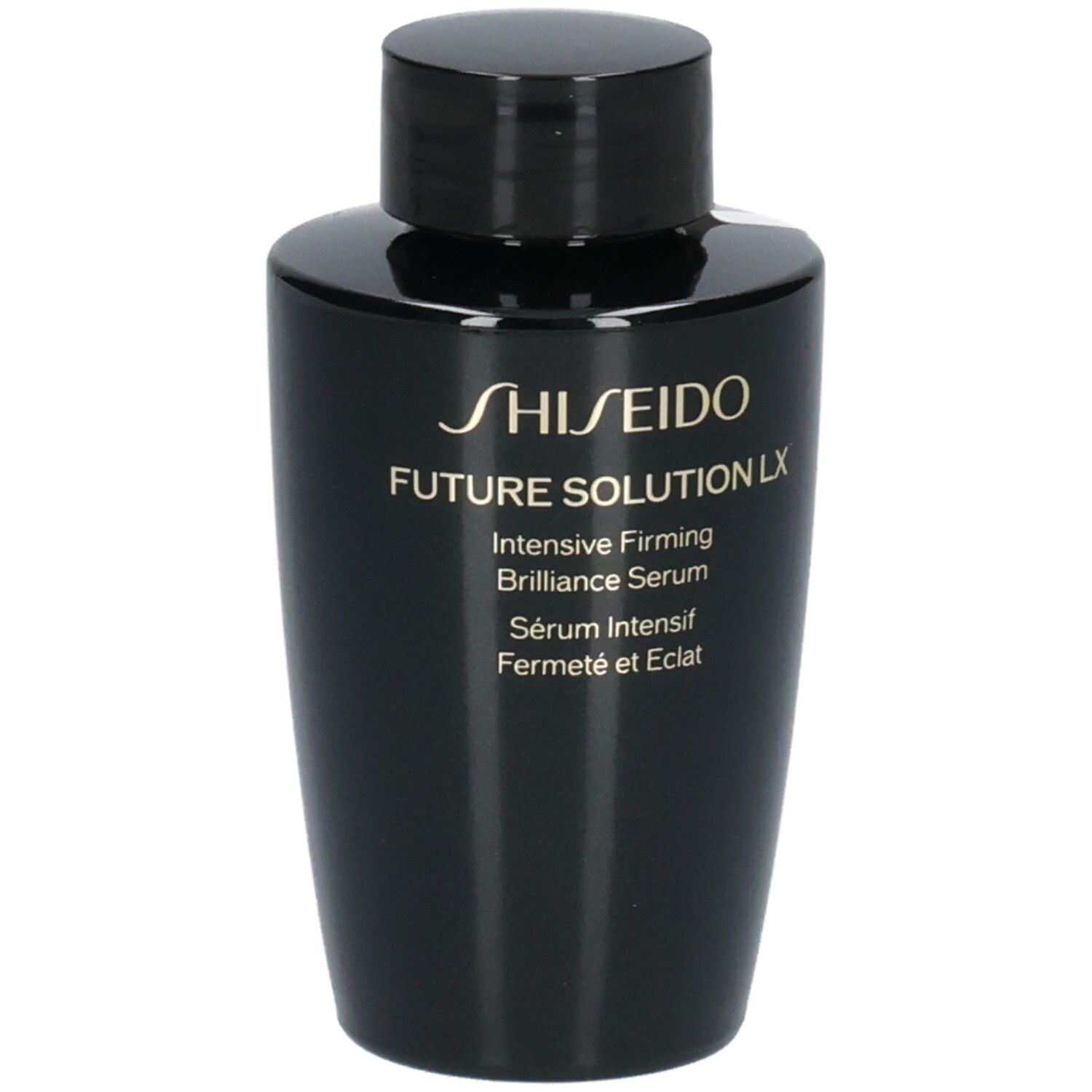 Shiseido Future Solution LX Intensives Serum in schwarzer Flasche, leichte Seitenansicht.