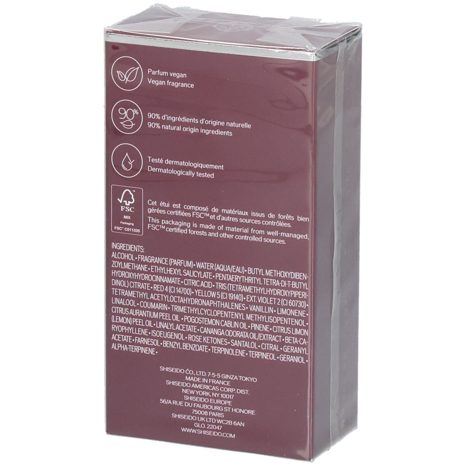 Rückseite der Shiseido Ginza Datura Eau de Parfum Verpackung mit veganen Siegeln.