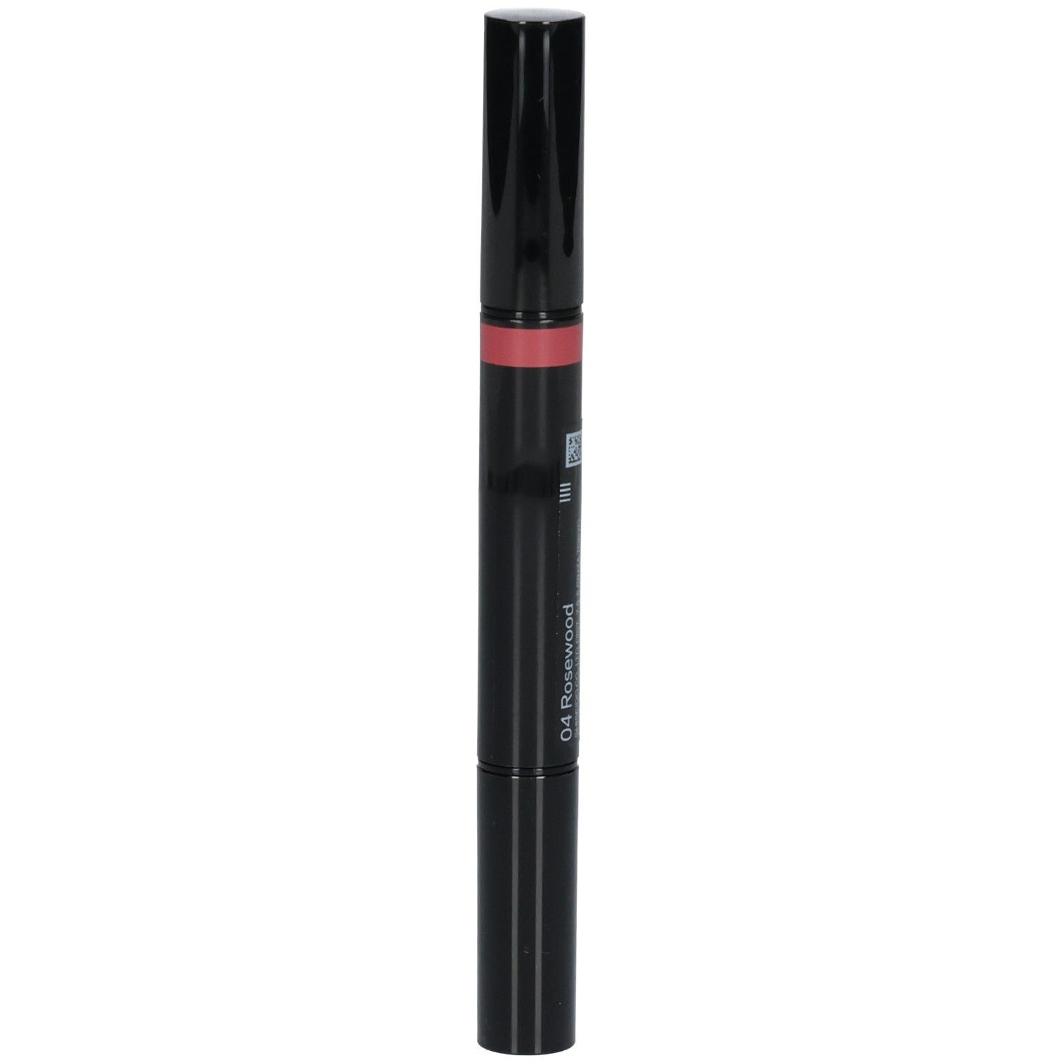 Doppelseitiger Lippenstift Shiseido, schwarz, mit rotem Applikator und der Farbe 04 Rosewood.