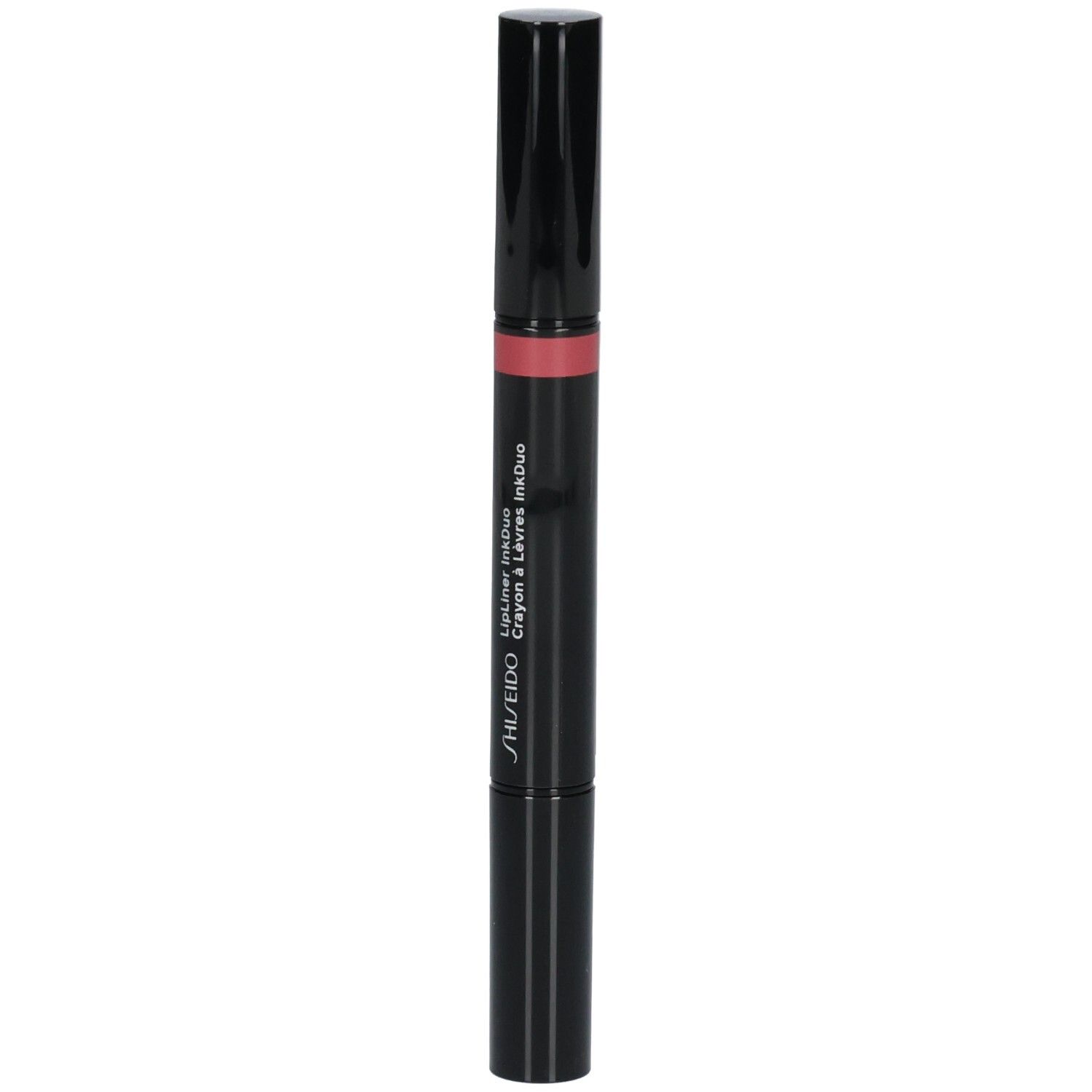 Schwarzer Lippenstiftstift mit zwei Enden, einem schwarzen und einem rosafarbenen. Shiseido-Logo sichtbar.