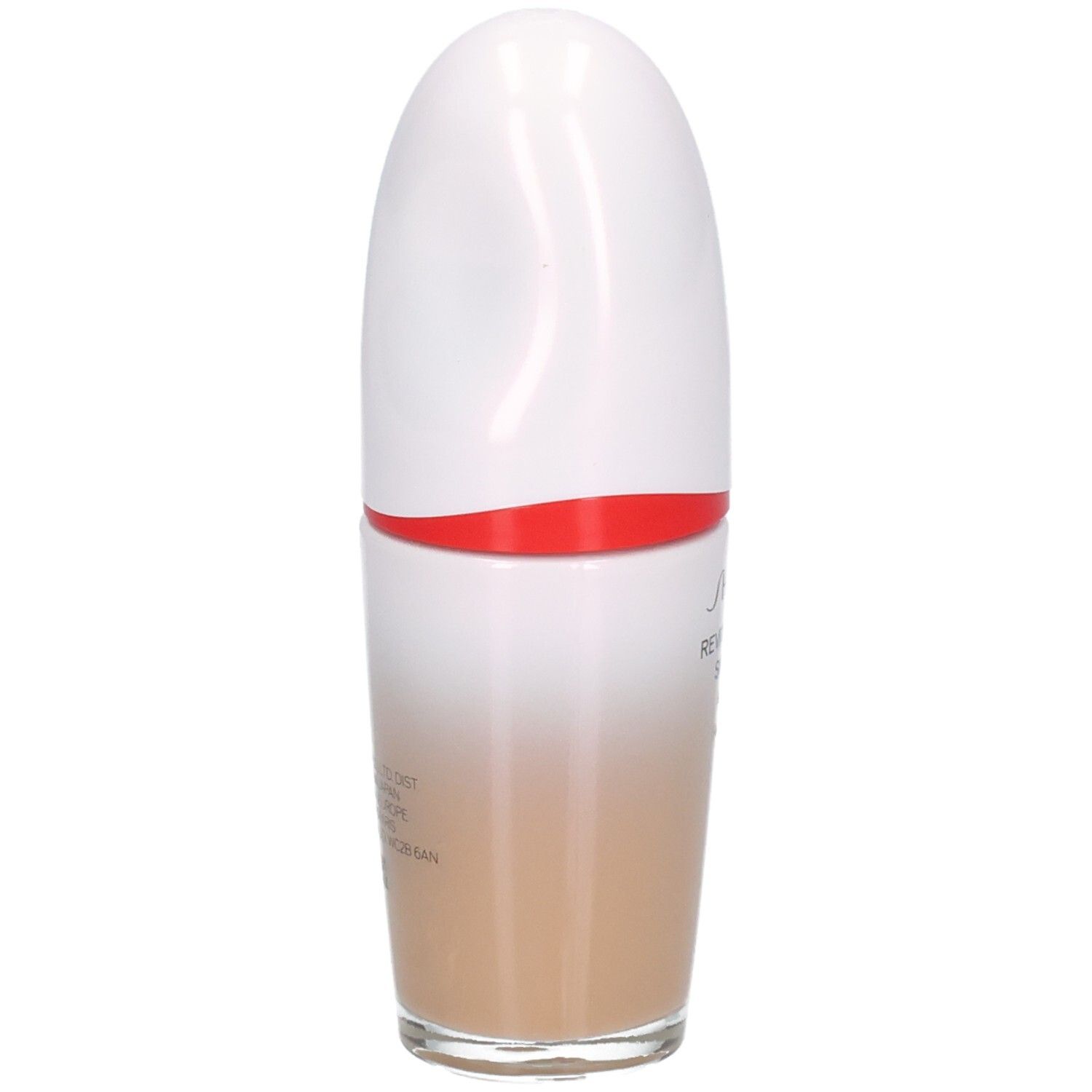 Shiseido Revitalessence Skin Glow Foundation, Seitenansicht. Heller Beige-Ton in Glasflasche mit weißem Verschluss.