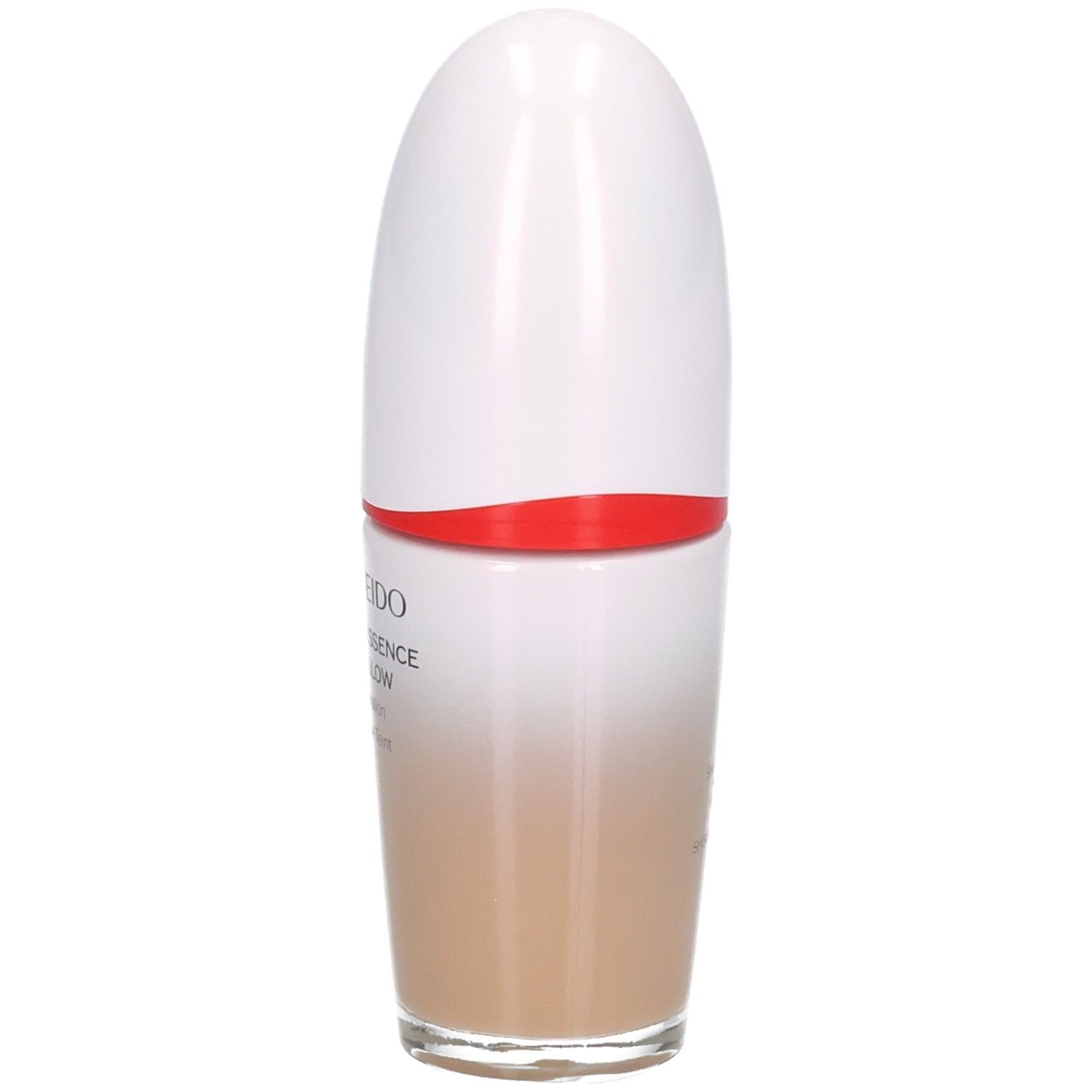 Shiseido Revitalessence Skin Glow Foundation, Seitenansicht. Heller Beige-Ton in Glasflasche mit weißem Verschluss.