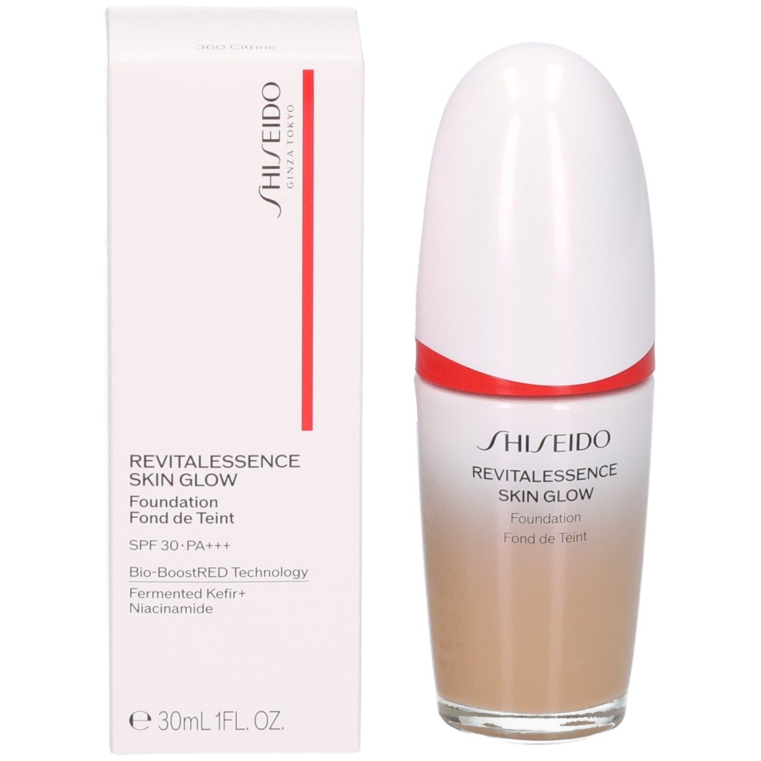 Shiseido Revitalessence Skin Glow Foundation und Verpackung. Foundation in hellem Beige, SPF 30.