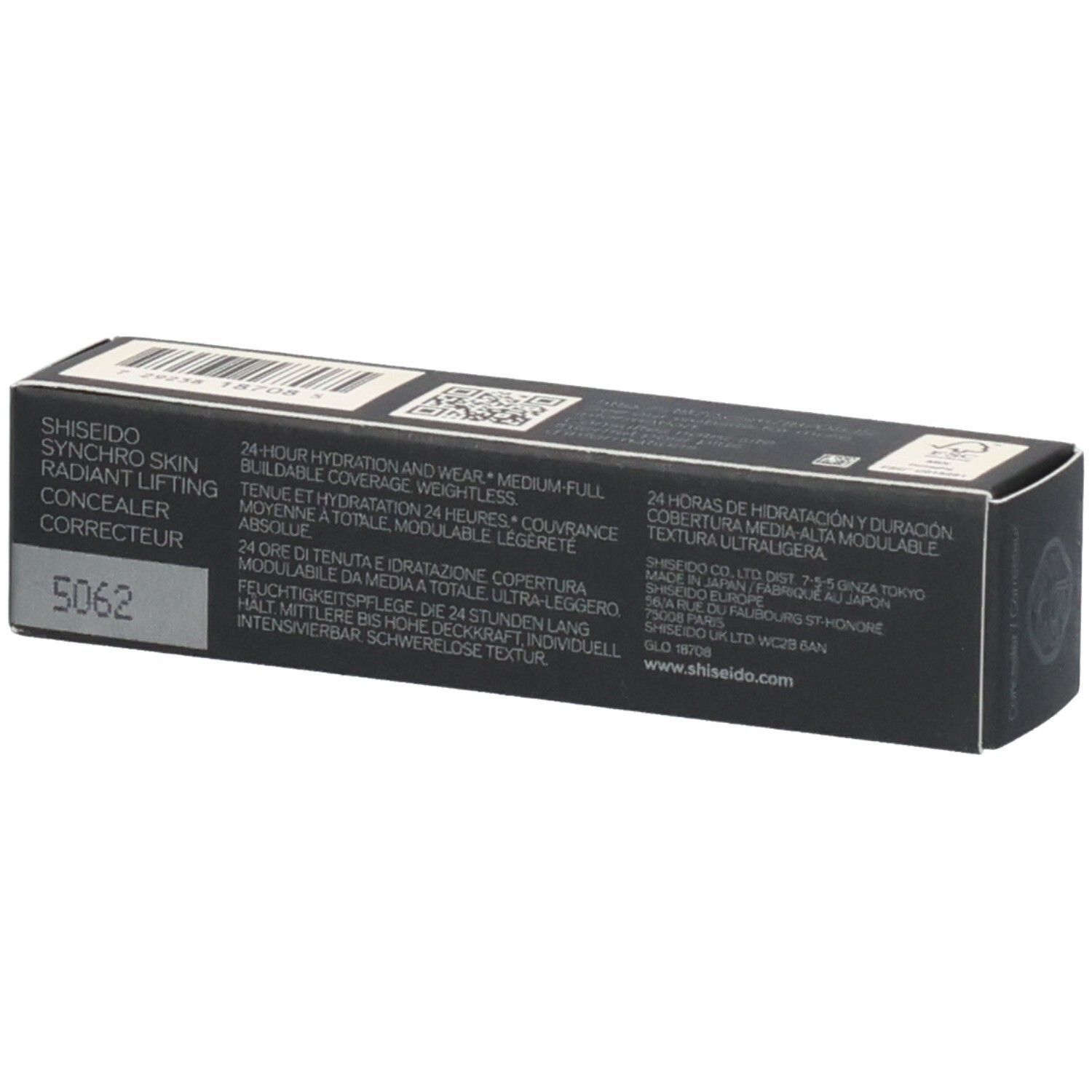 Shiseido Synchro Skin Radiant Lifting Concealer Karton. 2.7g. Informationen auf Deutsch, Englisch, Französisch, Italienisch, Spanisch.