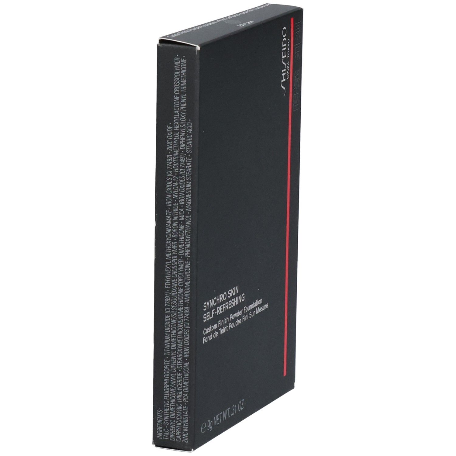 Rückseite der SHISEIDO Synchro Skin Puder-Foundation-Verpackung mit Inhaltsstoffen.