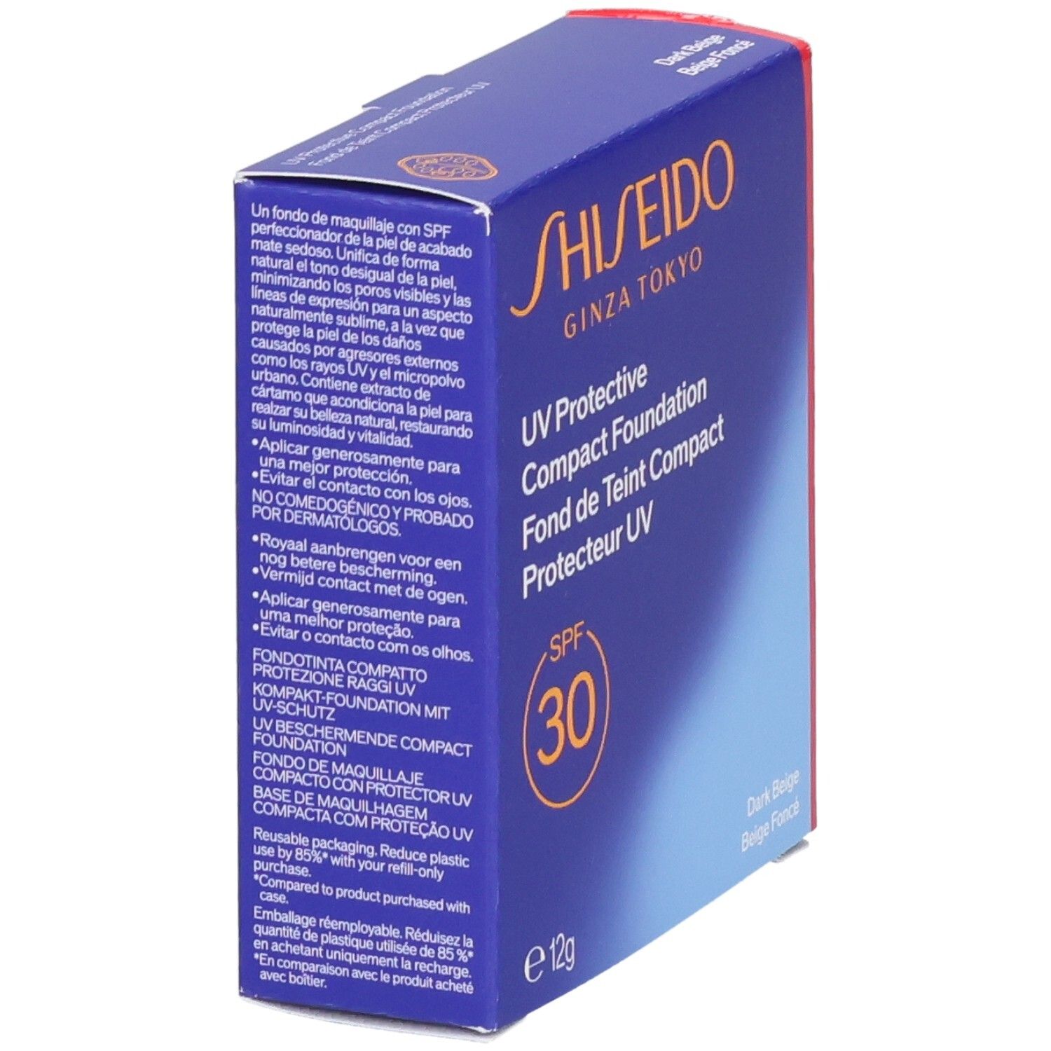 Shiseido UV Protective Compact Foundation SPF 30, Dark Beige. Offene Kartonverpackung mit detaillierten Produktbeschreibungen.