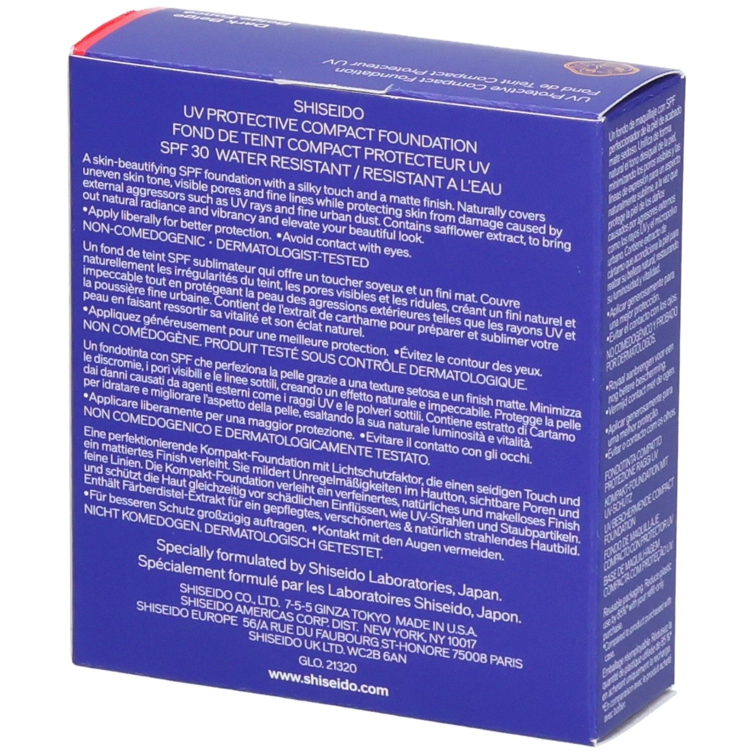 Shiseido UV Protective Compact Foundation SPF 30, Dark Beige. Rückseite der Kartonverpackung mit Inhaltsstoffen und Anwendungshinweisen.