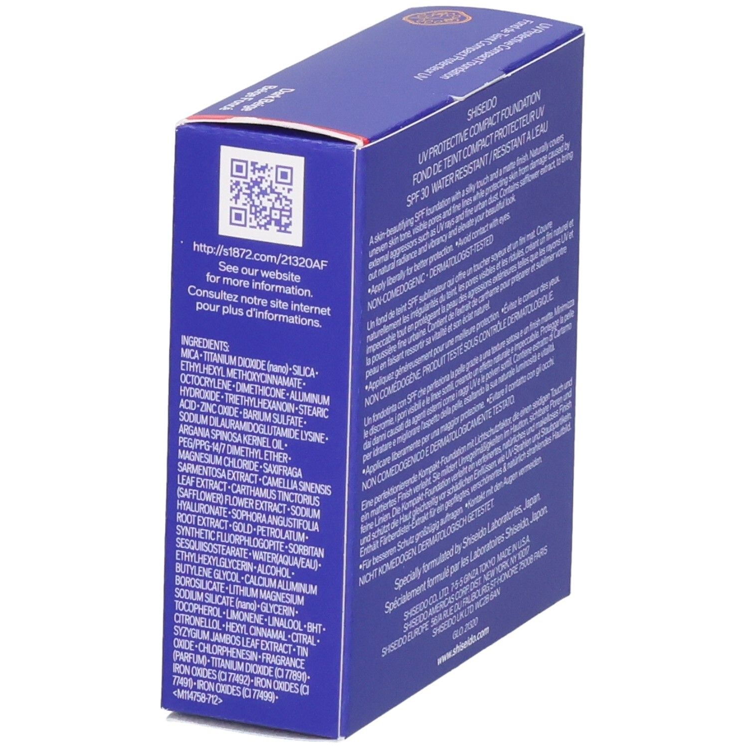 Shiseido UV Protective Compact Foundation SPF 30, Dark Beige. Seite der Kartonverpackung mit QR-Code und Inhaltsstoffliste.