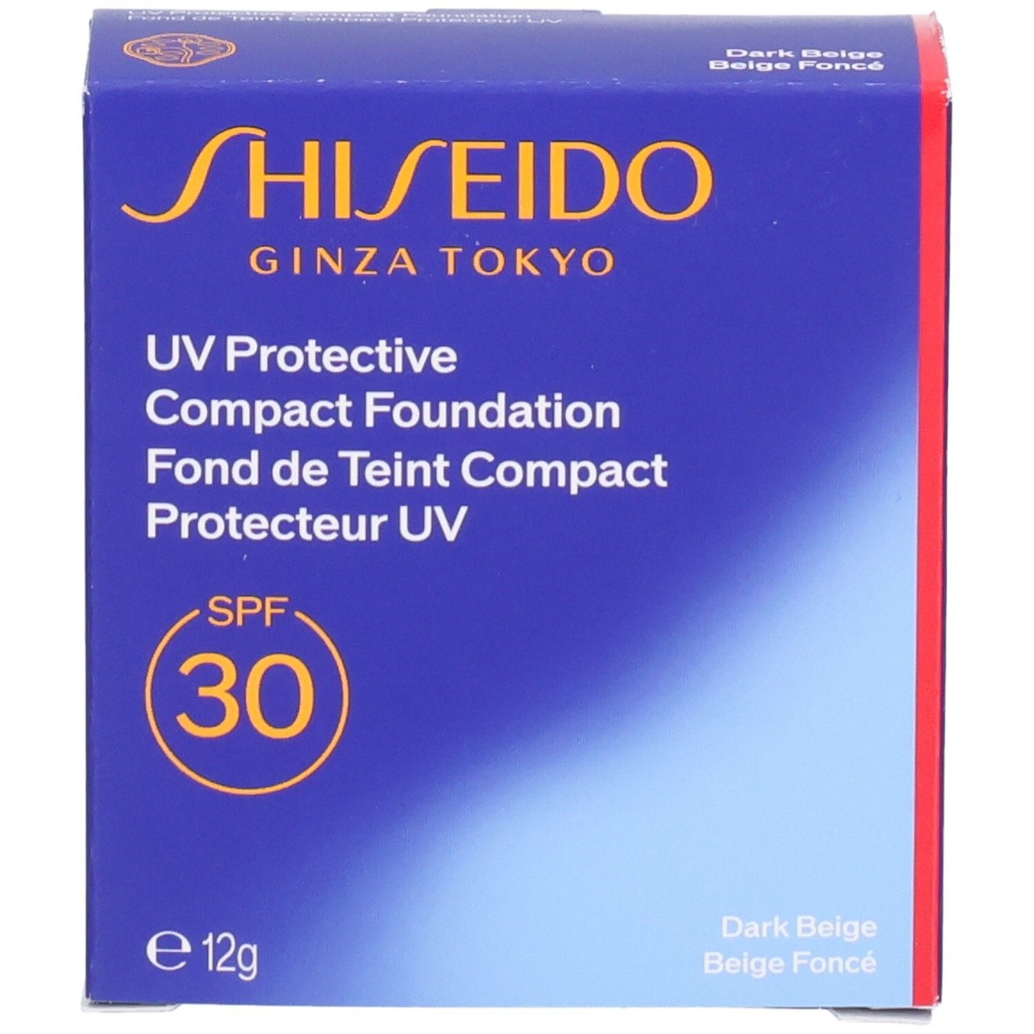 Shiseido UV Protective Compact Foundation SPF 30, Dark Beige. Vorderseite der Kartonverpackung mit Markensignet und SPF 30 Angabe.