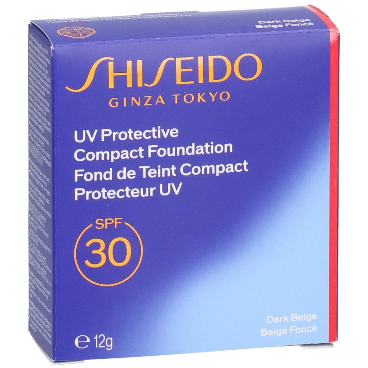 Shiseido UV Protective Compact Foundation SPF 30, Dark Beige. Vorderseite der Kartonverpackung mit Markensignet und SPF 30 Angabe.