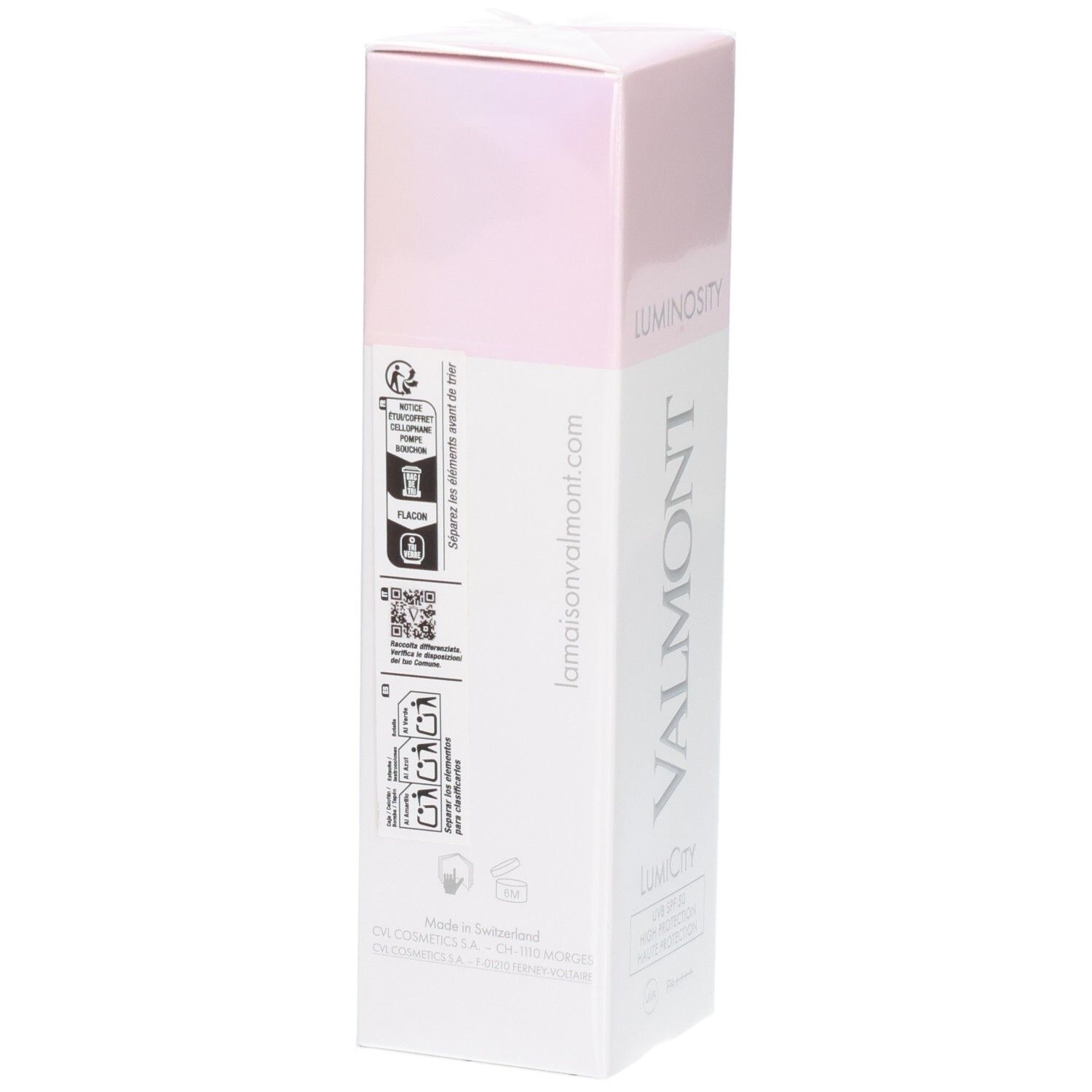 Valmont LumiCity SPF50 Schutzfluid-Verpackung mit Produktinformationen und Markenlogo.