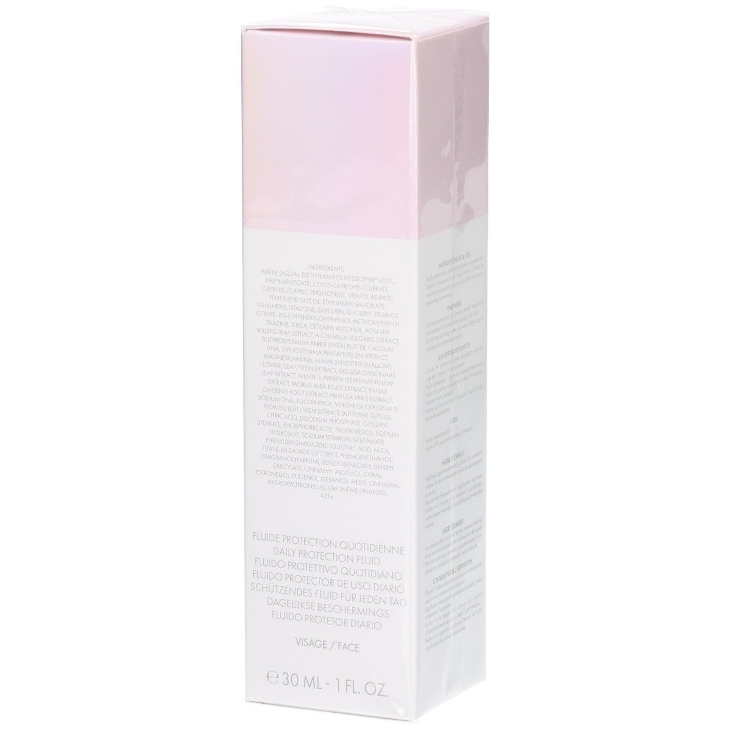 Valmont LumiCity SPF50 Schutzfluid-Verpackung mit detaillierten Anwendungshinweisen und Inhaltsstoffen.