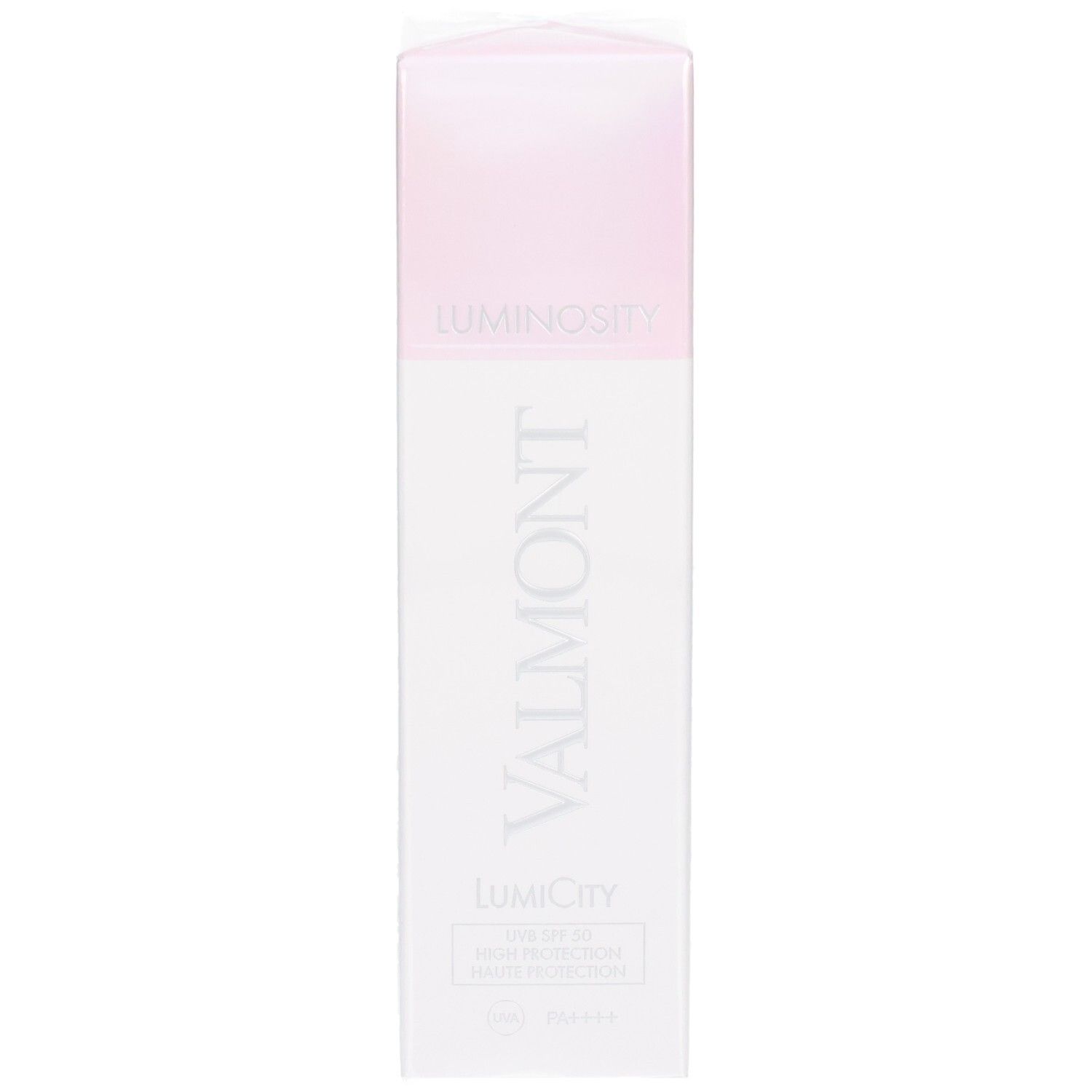 Valmont LumiCity SPF50 Schutzfluid-Verpackung mit Markenlogo und Produktbezeichnung.
