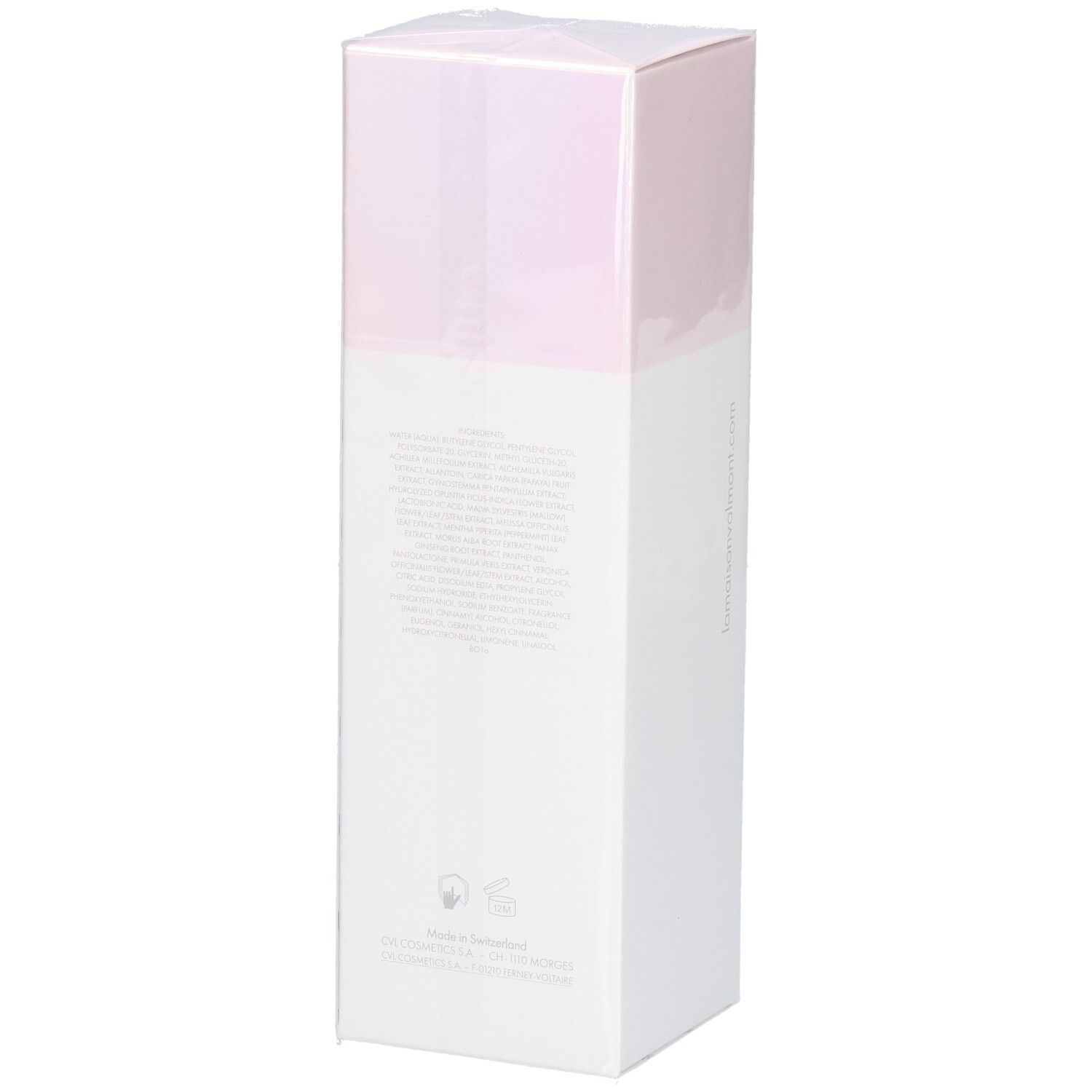 Rückseite der VALMONT LumiPeel Kartonverpackung mit detaillierten Produktinformationen.